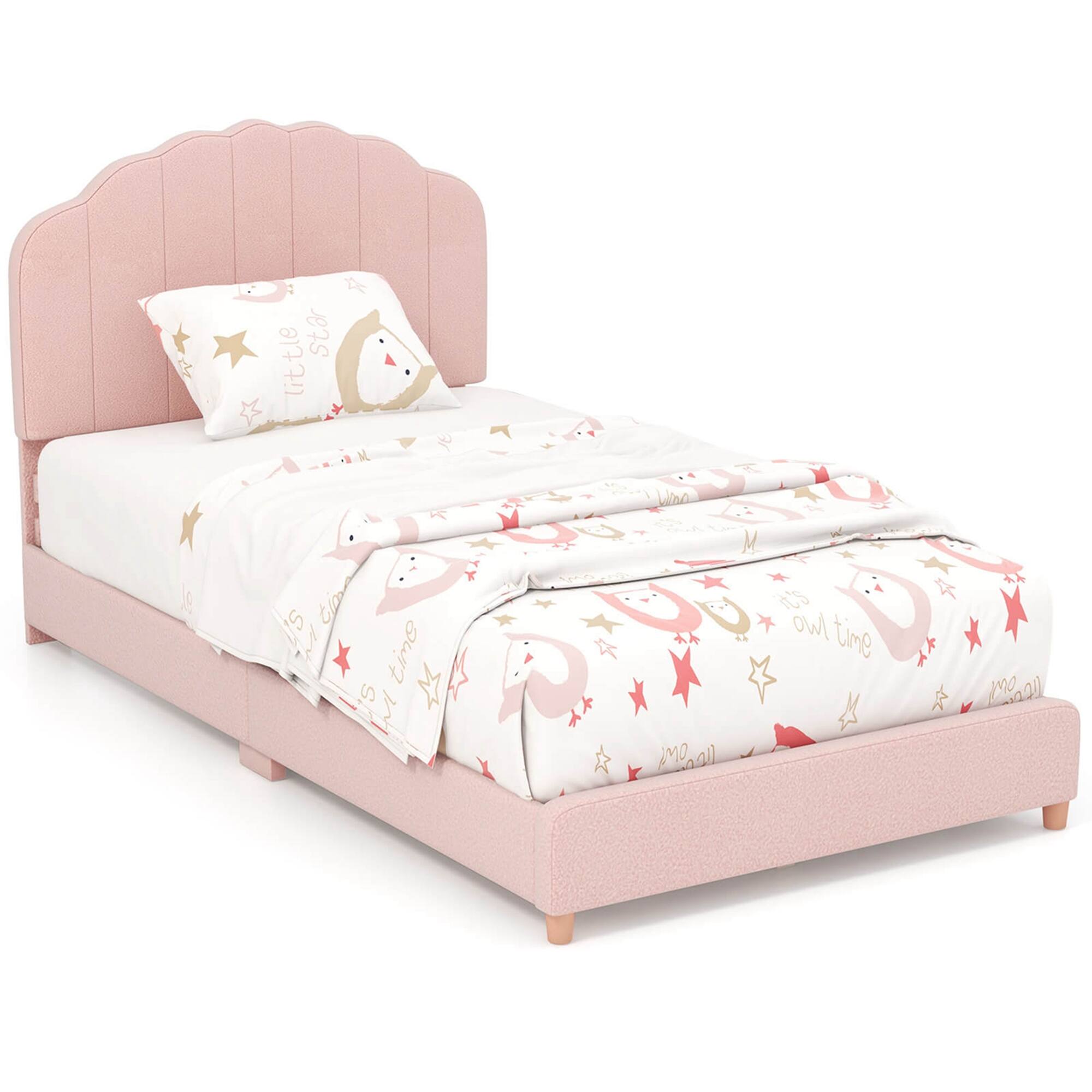 Costway - Kids Twin Platform Bed Frame Upholstered Twin Size Bed with Wooden Slats Support - Pink