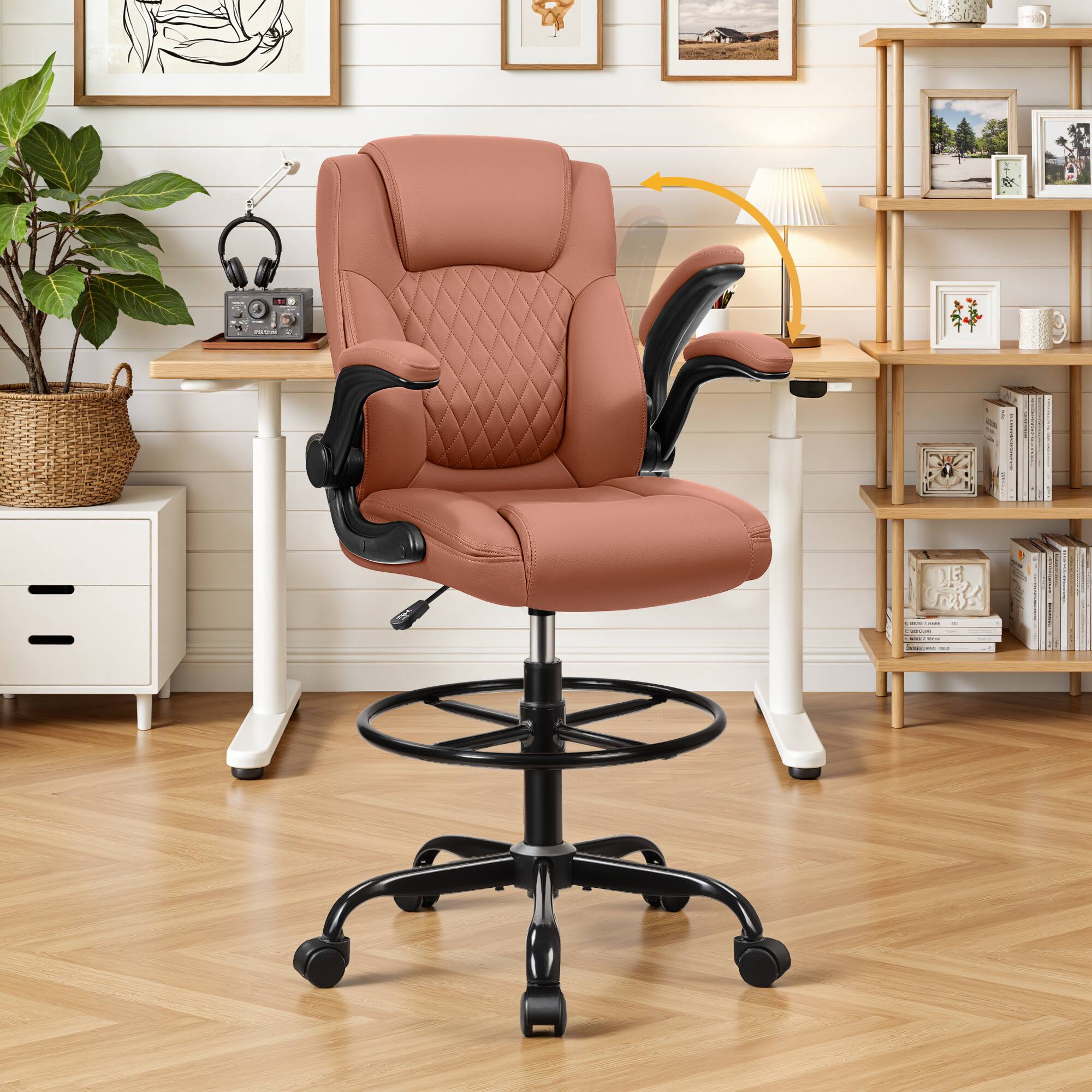 Angle. Brick Attic - Drafting Chair, Tall Office Chair for Standing Desk, High Executive Leather Ergonomic Computer Chair Adjustable - Brown.
