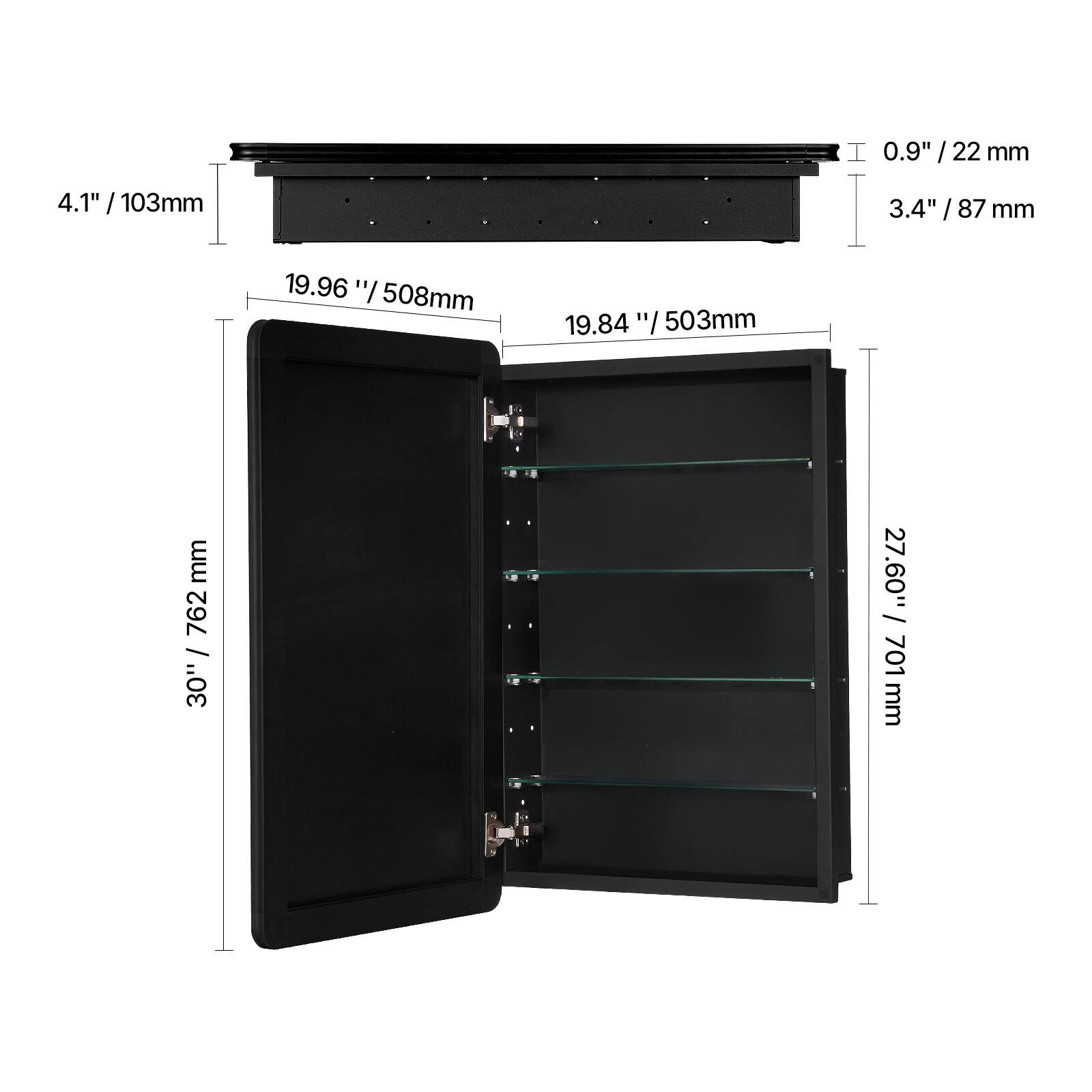 - 0.9" / 22 mm
- 3.4" / 87 mm
- 4.1" / 103 mm
- 19.96" / 508 mm
- 19.84" / 503 mm
- 30" / 762 mm
- 20" / 508 mm
- 20" / 508 mm