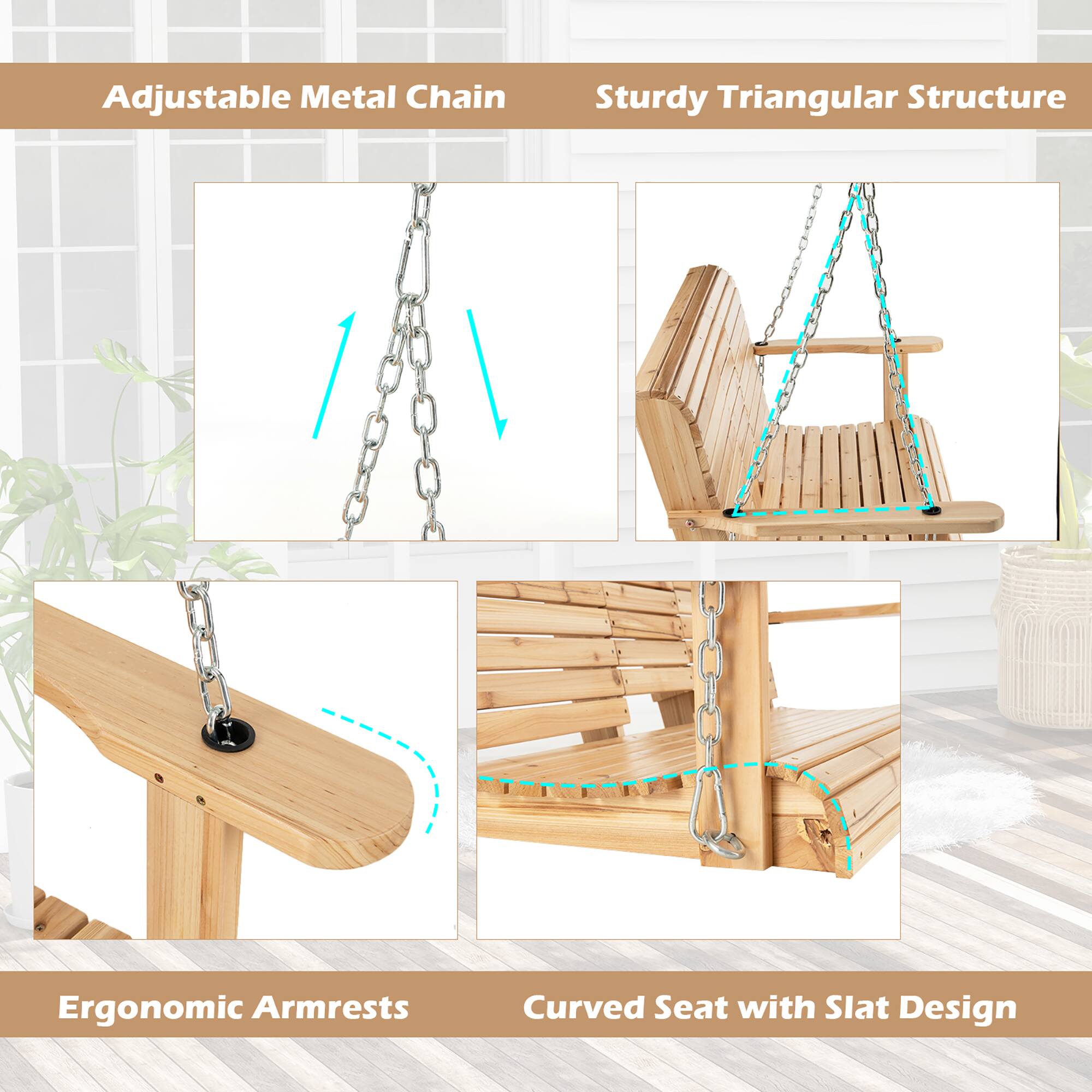 Adjustable Metal Chain, Sturdy Triangular Structure, Ergonomic Armrests, Curved Seat with Slat Design