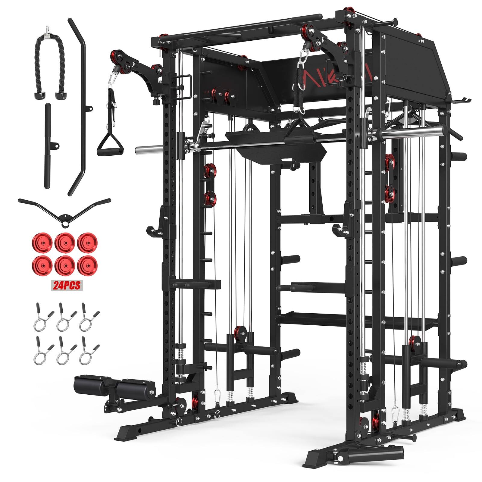 Front. Mikolo - Mikolo Smith Machine Home Gym,Squat Rack with 2:1 Dual Pulley Cable System and  Vertical Leg Press - Black.