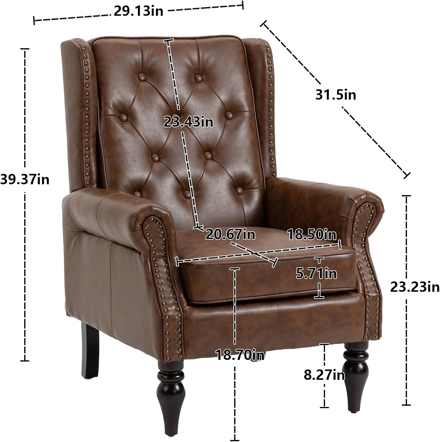 - Width: 31.5 in
- Depth: 29.13 in
- Height: 39.37 in
- Seat Height: 18.70 in
- Seat Depth: 20.67 in
- Arm Height: 23.43 in
- Arm Width: 18.50 in
- Back Height: 31.5 in
- Back Width: 23.23 in
- Armrest Height: 5.71 in
- Leg Height: 8.27 in