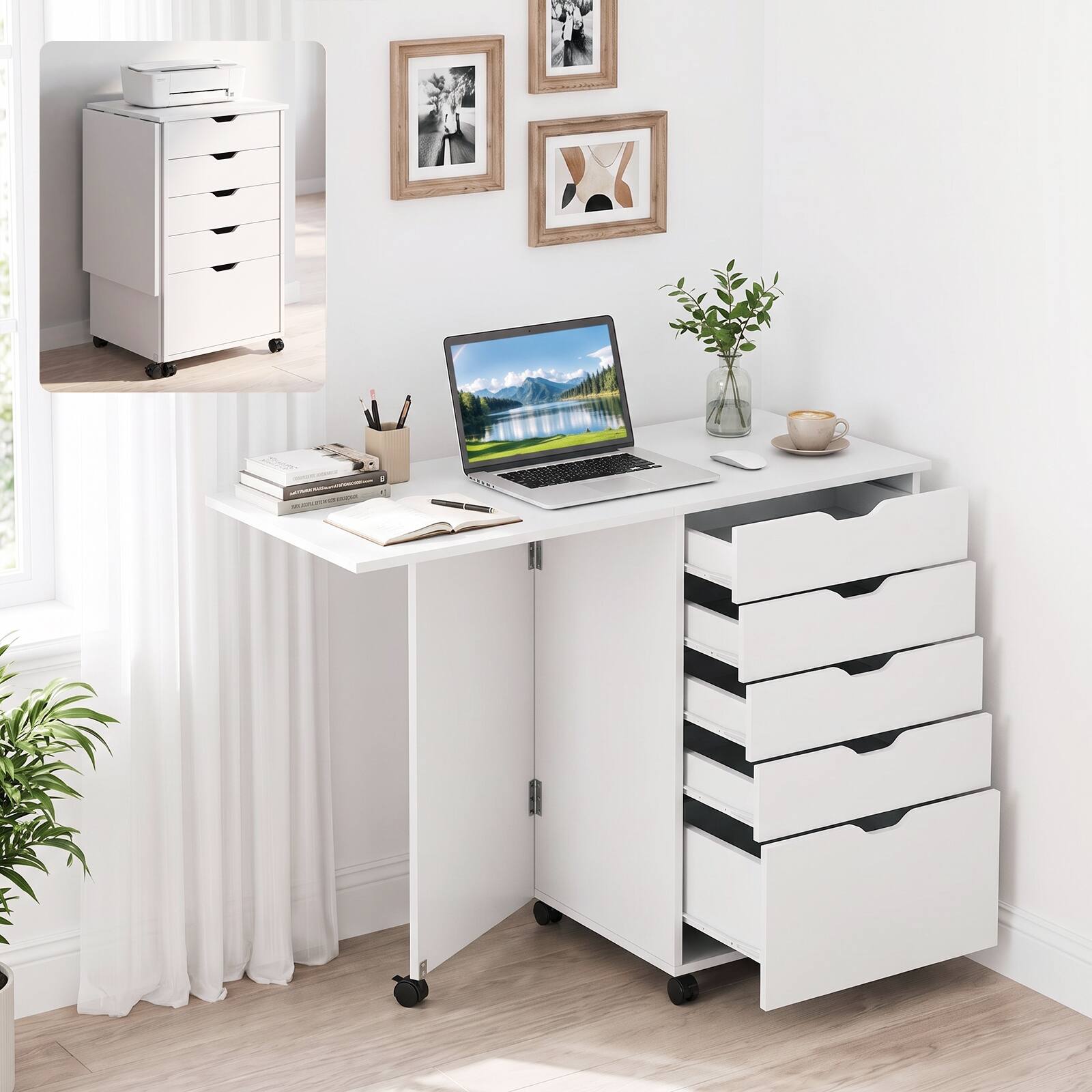 Costway Folding Desk with Storage Drawers & Wheels, Foldable Drop Leaf ...