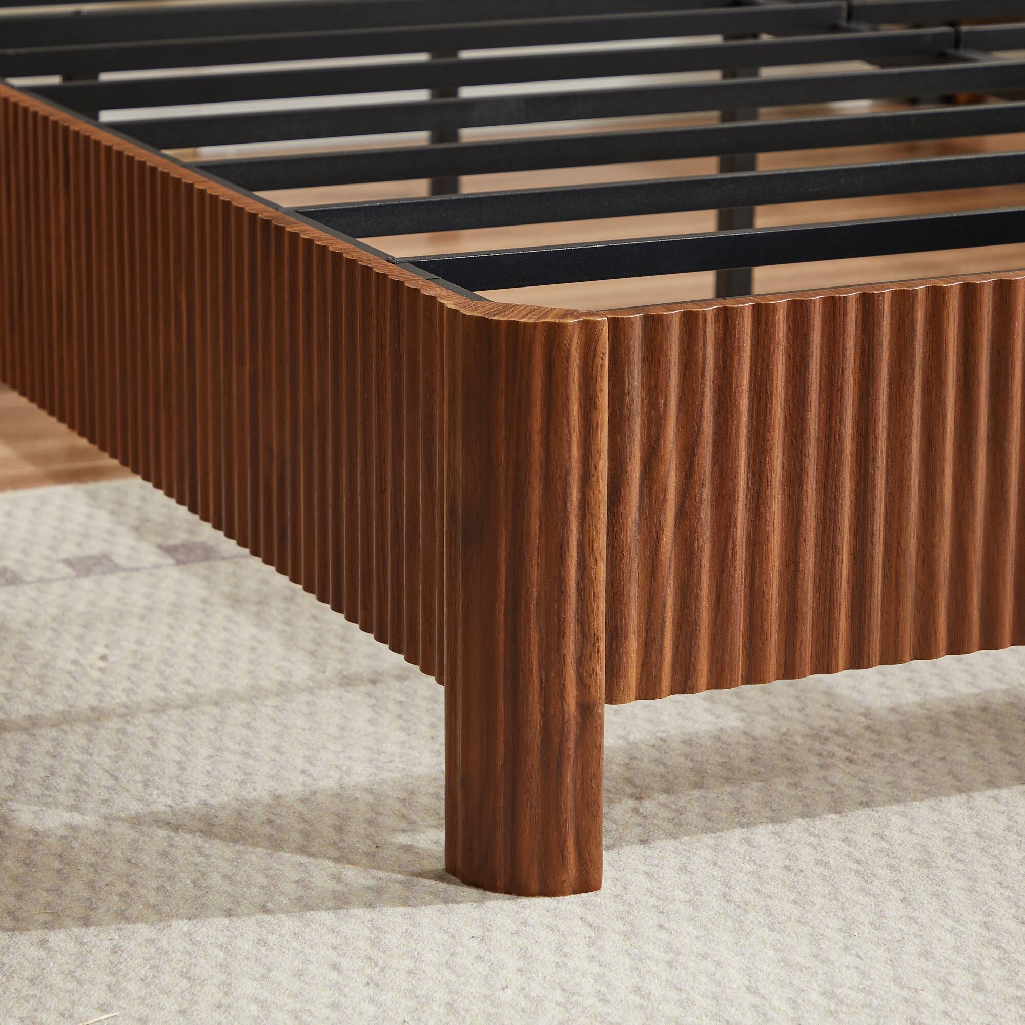 Alt View 8. GOODSILO - Full Size Wooden Corrugated Curved Lines Bed Frame with No Box Spring Needed in Walnut Finish - Walnut.