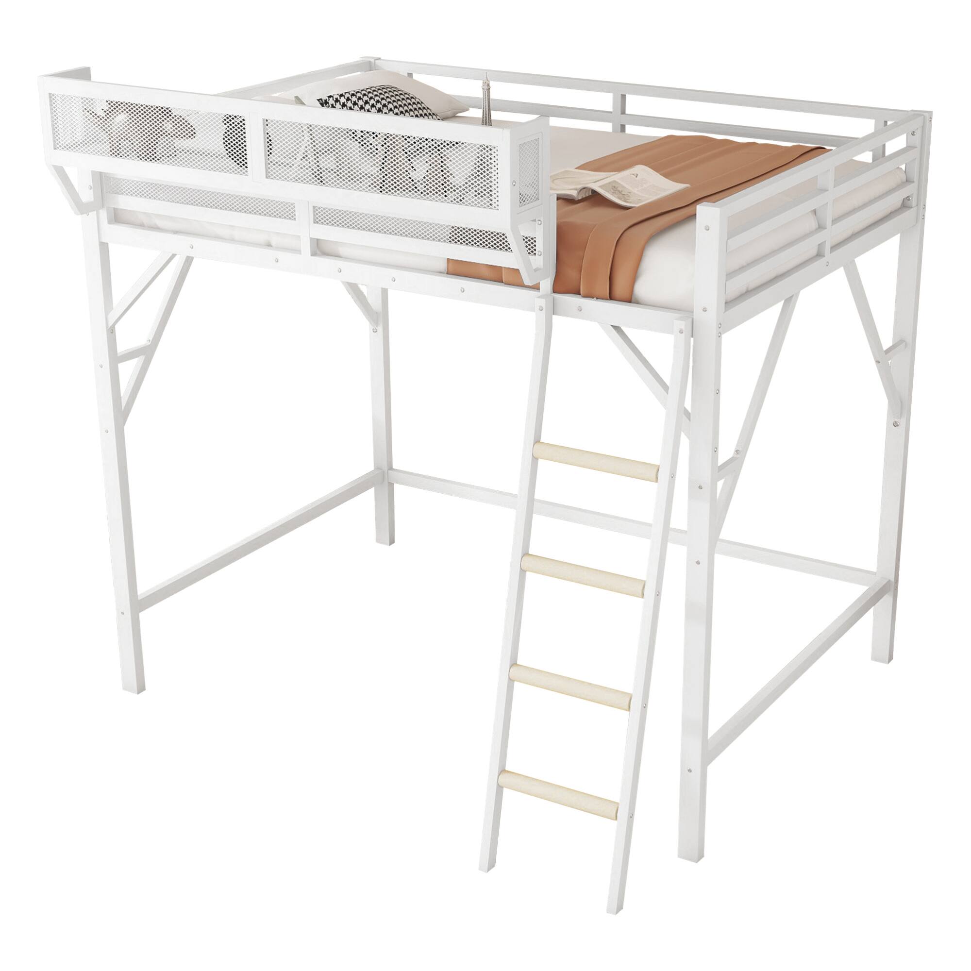 Alt View 2. GOODSILO - Queen Size Metal Loft Bed with Storage Shelves and Ladder for Kids and Teens - White.