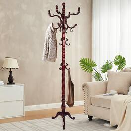 Chateau Abodes - Coat Rack Freestanding, Natural Birch Wood Coat Tree with 14 Hooks, 200lbs Load, Stury Base - Rosewood - Tri-legged