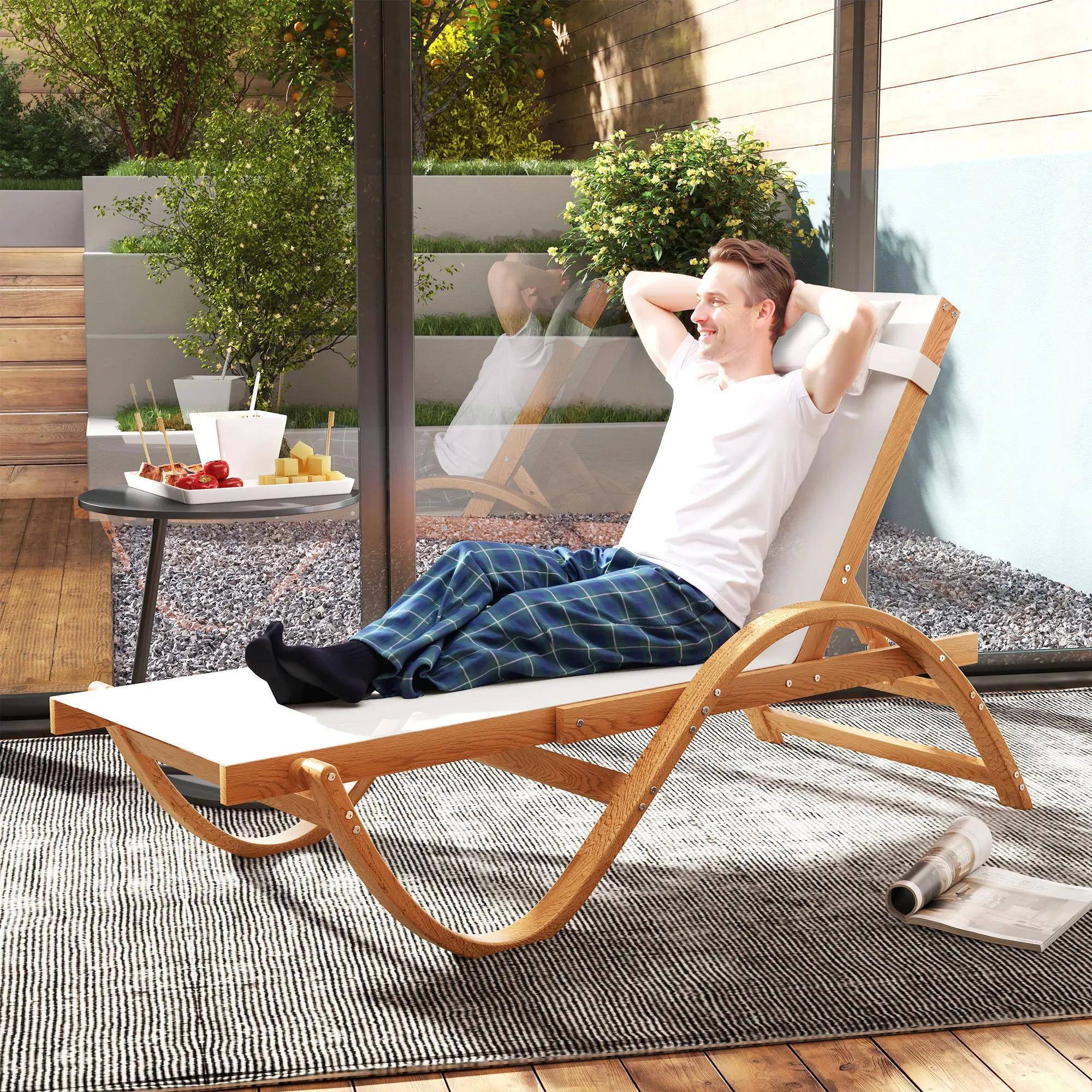 Alt View 8. Resenkos - Resenkos Larch Wood Tanning Lounger, 4-Level Adjustable Comfort Chair, Full Flat Patio Relaxer, Cozy Cream White - Cream White.