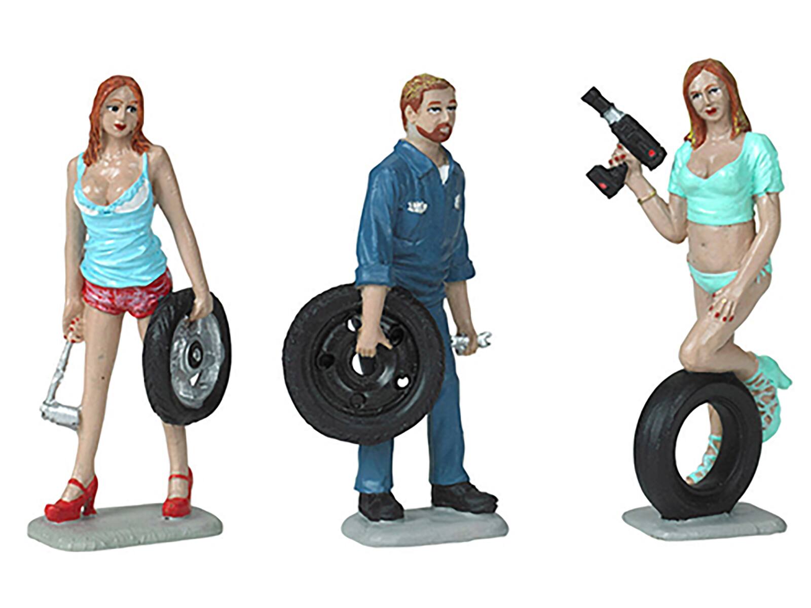 Alt View 1. Motorhead Miniatures - Michelle, Meg and Gary Tire Brigade 3 piece Figurine Set 1/24 by Motorhead Miniatures.