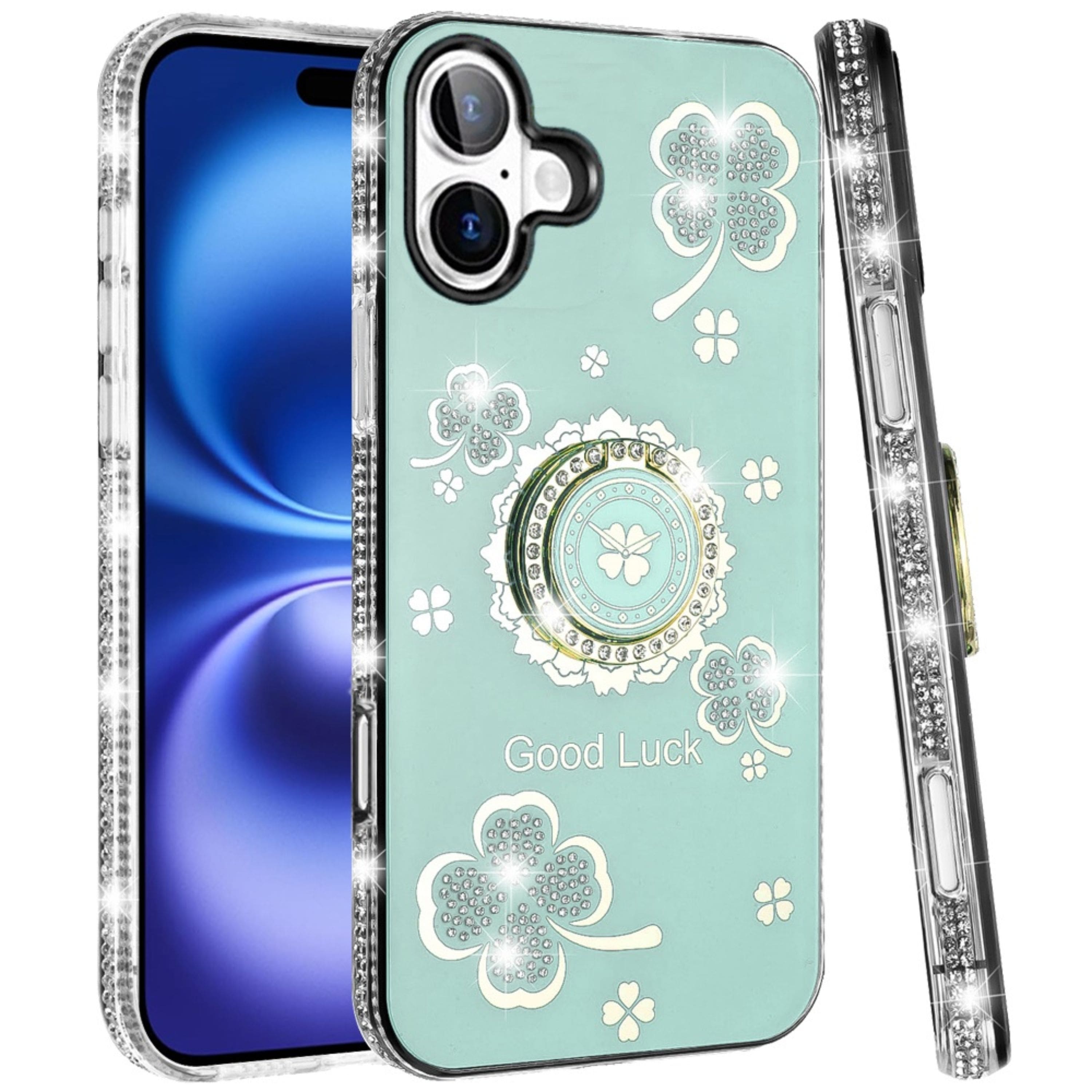 Kitcheniva - Crystal Studded Ring Stand Bling Phone Cover Plus Tempered Glass For iPhone 17 - Teal price history on PriceWatchPro