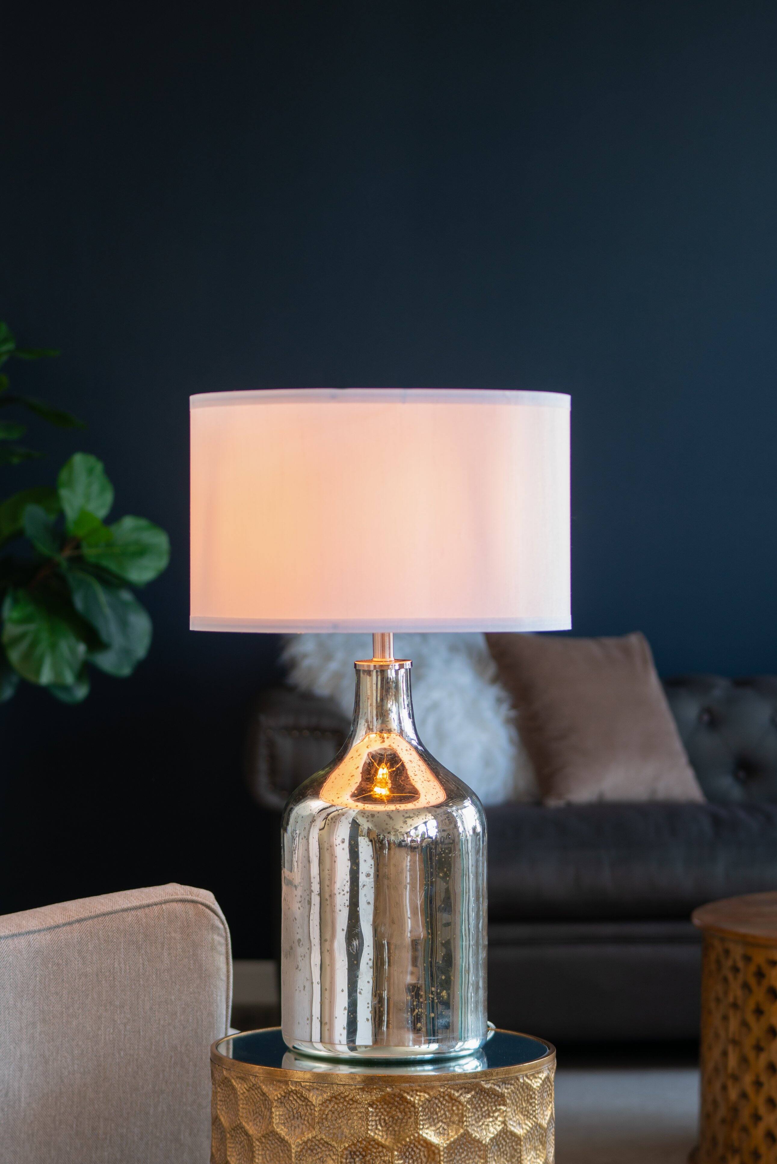 Back. Dexmalle - Dexmalle-Silver Round Table Lamp with White Fabric Shade-White+Silver.