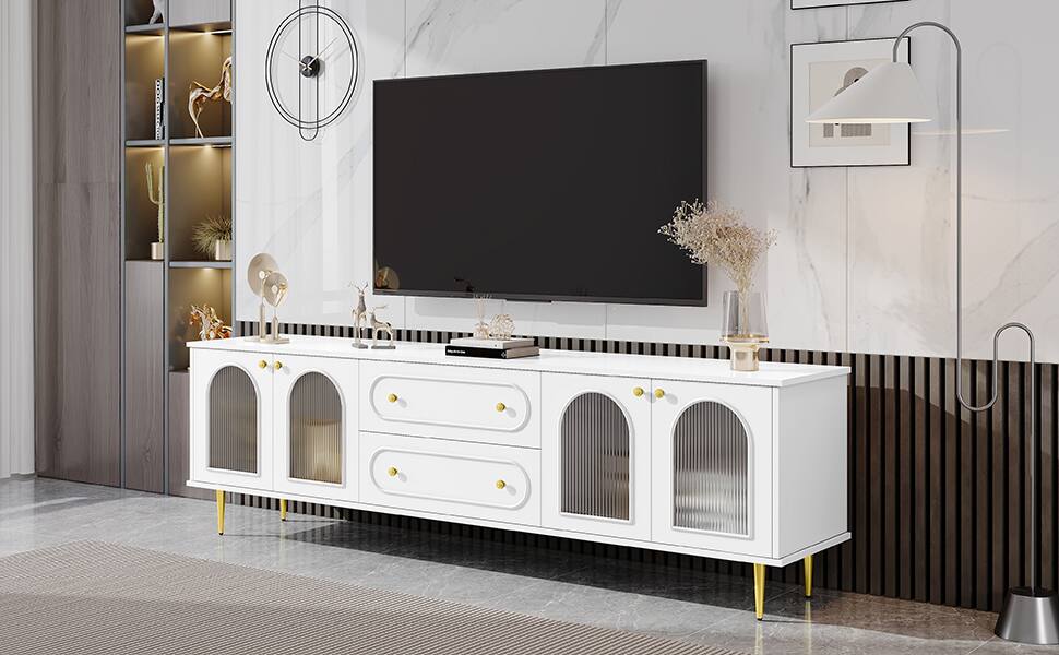 Alt View 1. APRILSOUL - Modern TV Stand with Five Metal Legs and Metal Handles 2 Drawers and 2 Cabinets with Fluted Glass Doors Up to 80inch - White.