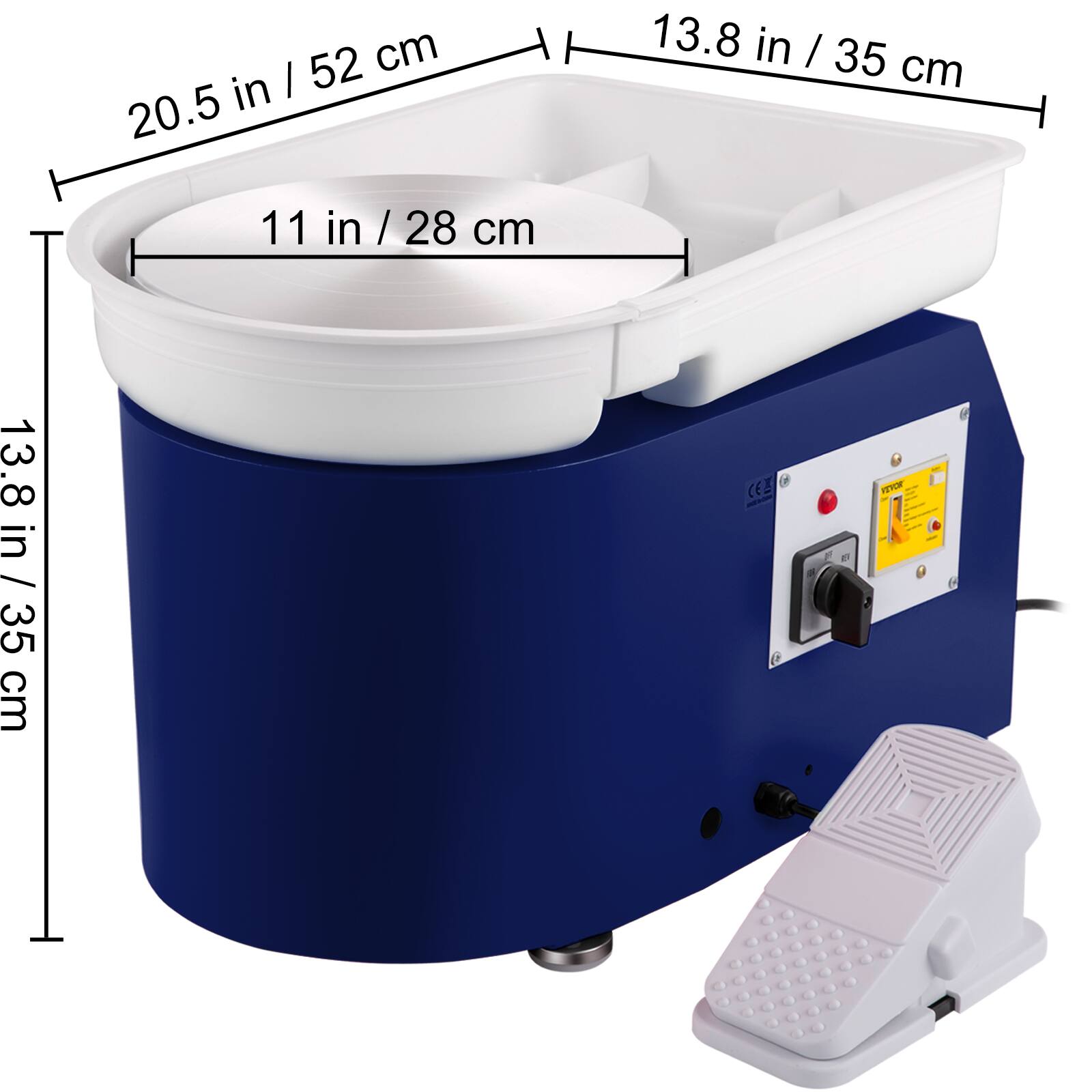 13.8 in / 35 cm, 11 in / 28 cm, 20.5 in / 52 cm, 13.8 in / 35 cm