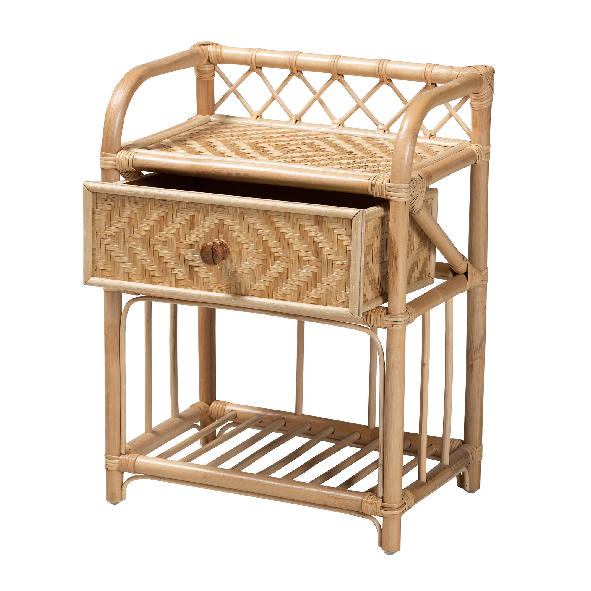 Angle. bali & pari - Kobie Modern Bohemian Rattan 1-Drawer Nightstand - Natural Brown.