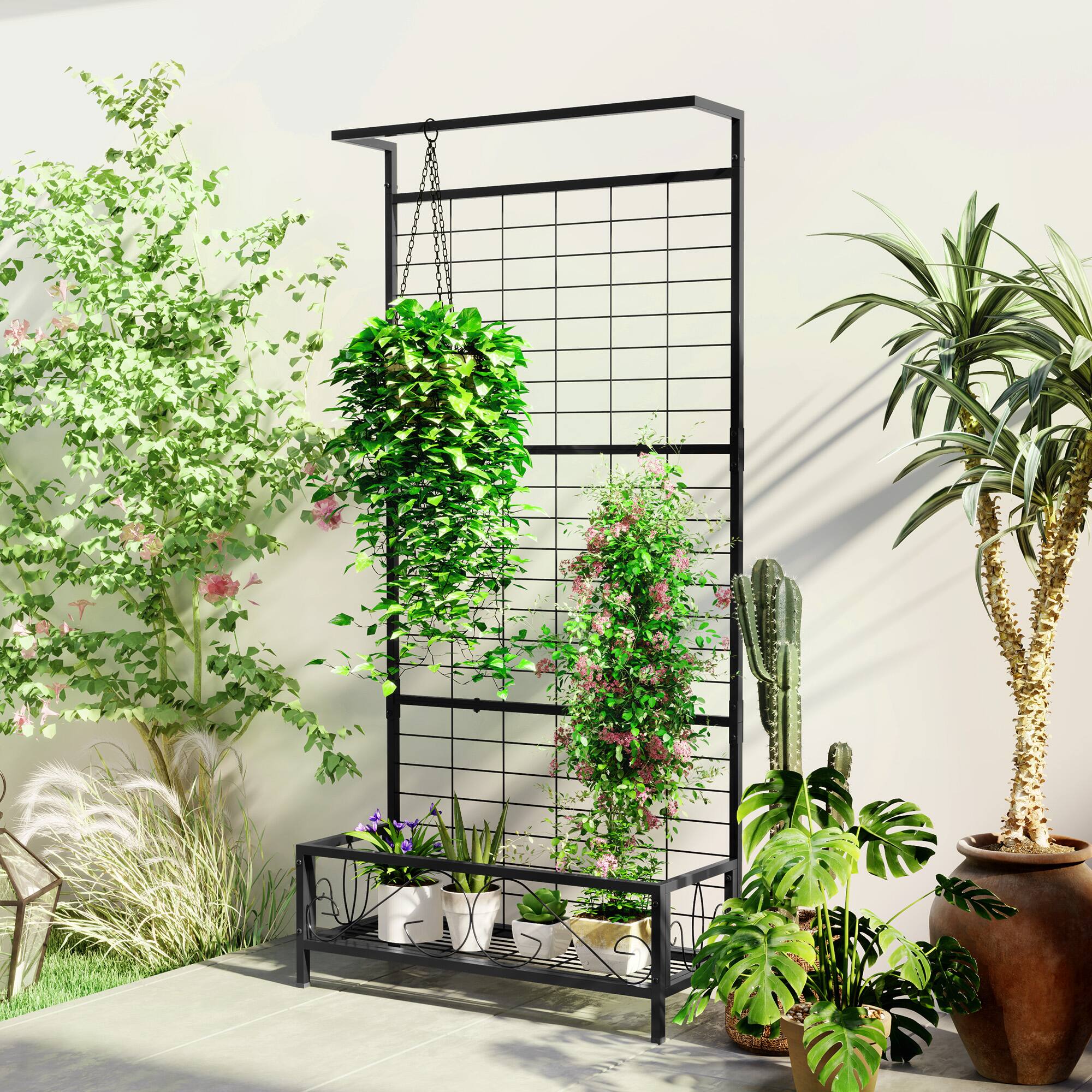Alt View 1. Outsunny - Tall Plant Stand with Trellis and Hanging Bar, Metal Plant Holder Flower Stand - Black.