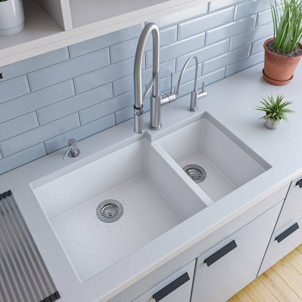 Alt View 6. Alfi - ALFI brand White 34 Double Bowl Undermount Granite Composite Kitchen Sink - White.