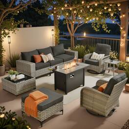Ovios - 9 PCS Patio Furniture with Fire Pit, Sectional Sofa with Rattan Swivel Chairs, Ottoman & Coffee Table - Black