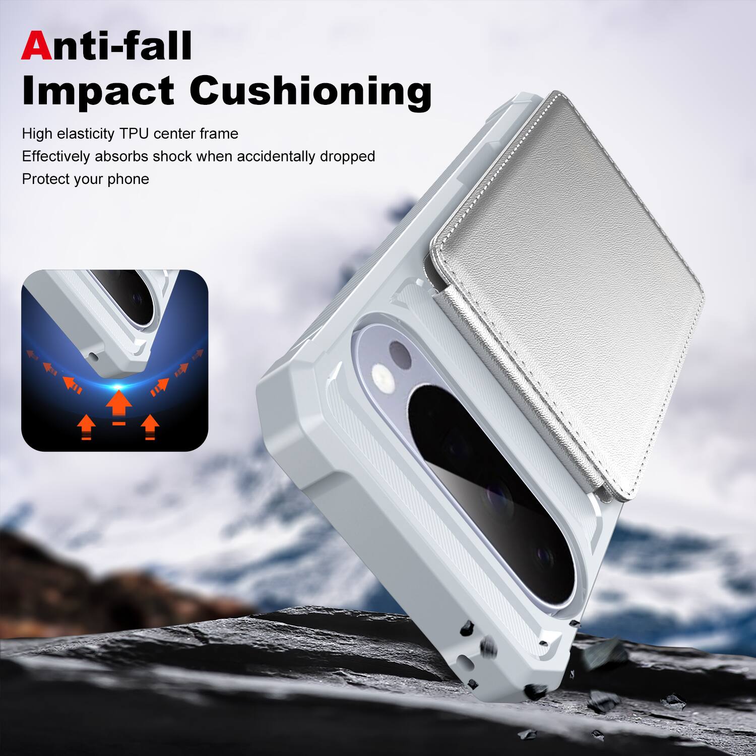 Anti-fall Impact Cushioning

High elasticity TPU center frame
Effectively absorbs shock when accidentally dropped
Protect your phone