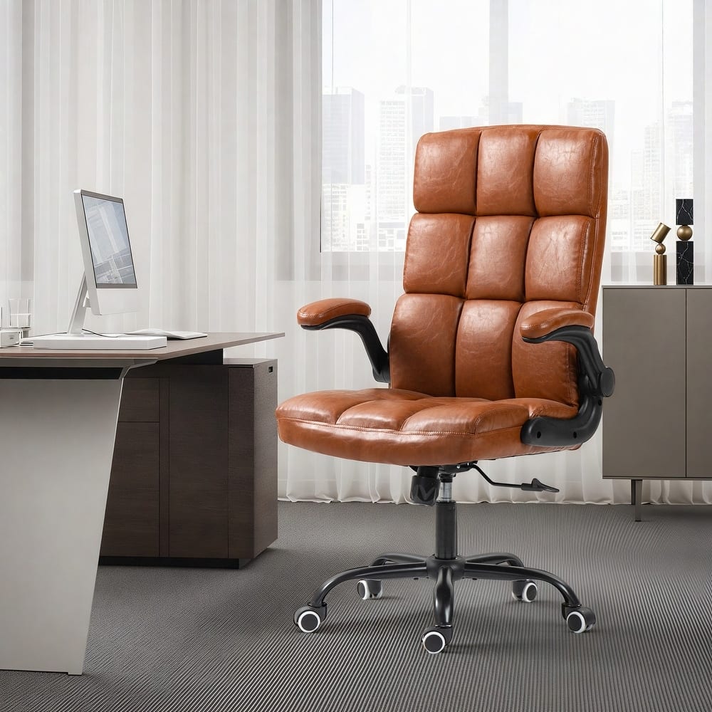 U-HOMY - Mid-Century Modern Executive Office Chair - Adjustable Leather Desk Chair with Flip-Up Arms, 330 lbs Capacity - Brown