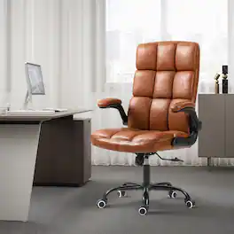 U-HOMY - Mid-Century Modern Executive Office Chair - Adjustable Leather Desk Chair with Flip-Up Arms, 330 lbs Capacity - Brown