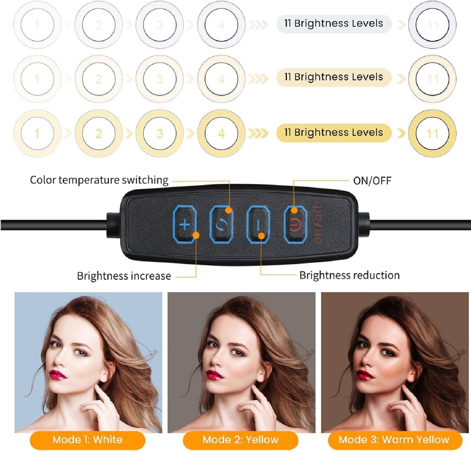 1 2 3 4  
11 Brightness Levels  
1 2 3 4  
11 Brightness Levels  
1 2 3 4  
11 Brightness Levels  

Color temperature switching  
ON/OFF  
Brightness increase  
Brightness reduction  

Mode 1: White  
Mode 2: Yellow  
Mode 3: Warm Yellow