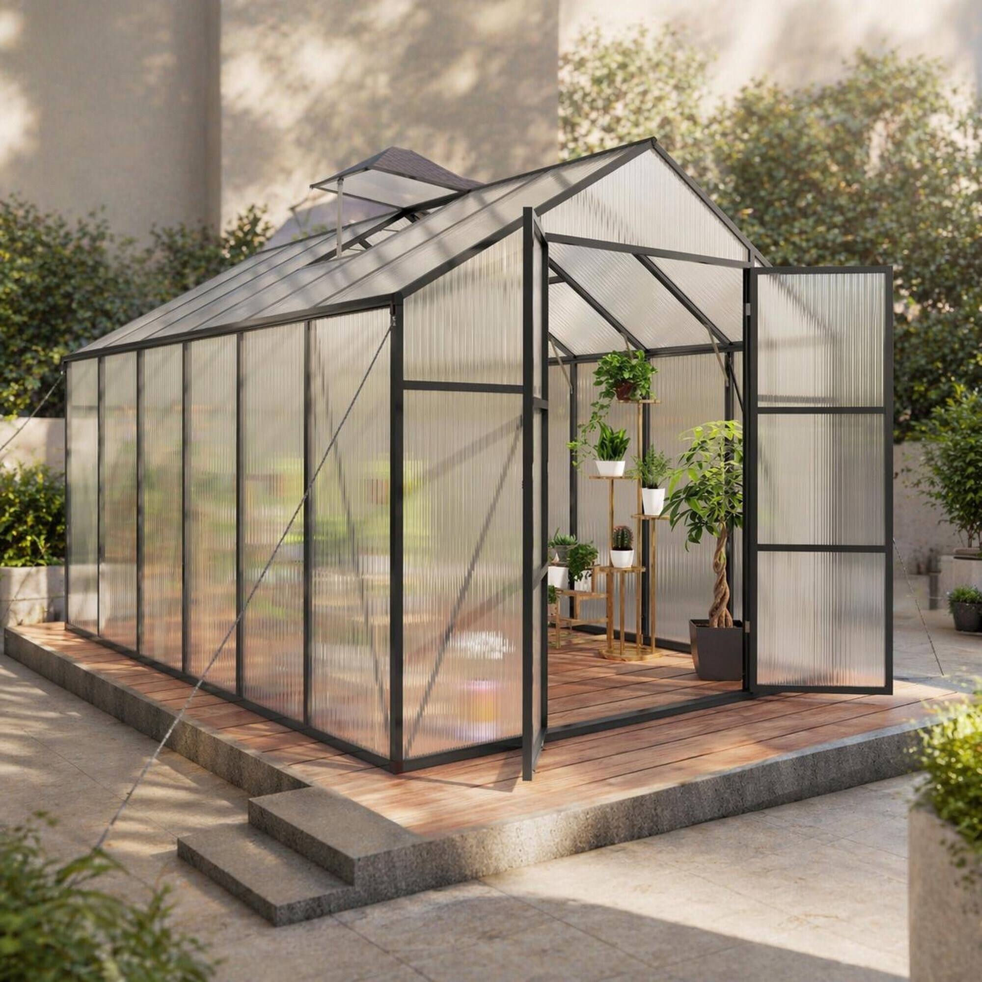 Front. RYHNUYNE - 8x12 ft Walk-in Greenhouse, 4mm Polycarbonate Panels, Aluminum Frame, Drainage Gutter, Backyard Garden.