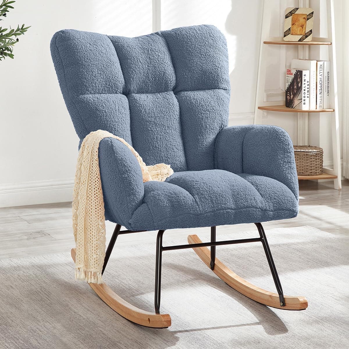 Trinkets Crazed - Tufted Upholstered Teddy Fabric Rocking Chair with Metal Frame Accent Chair Glider Chair for Living Room - light blue