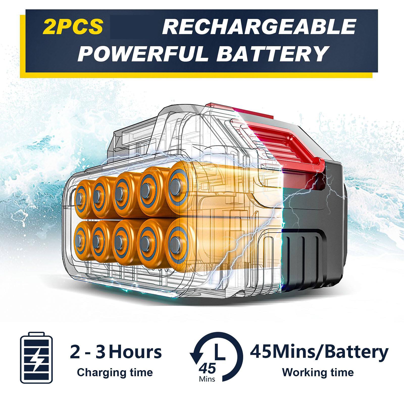 2PCS RECHARGEABLE POWERFUL BATTERY

2 - 3 Hours Charging time

45Mins/Battery Working time
