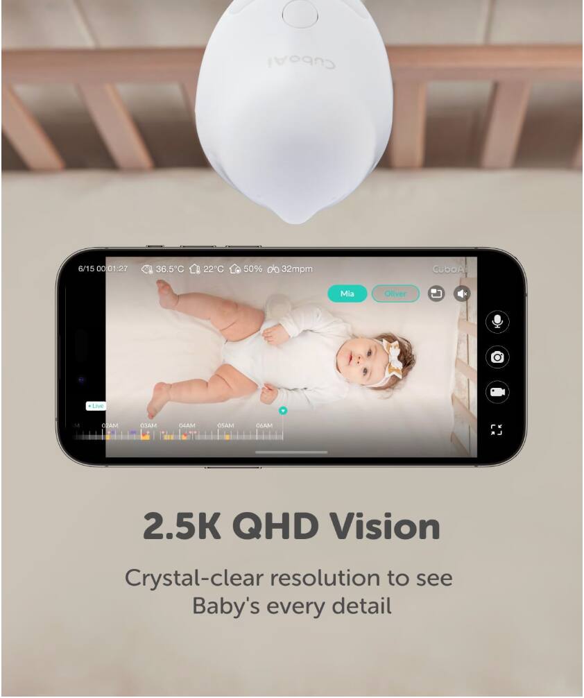 CuboAi  
6/15 00:01-27  
36.5°C 22°C 50% do 32mpm  
CuboA Mia Oliver *Live M CI MACO 04AM OSAM 06 LA 2.5K QHD Vision  
Crystal-clear resolution to see Baby's every detail