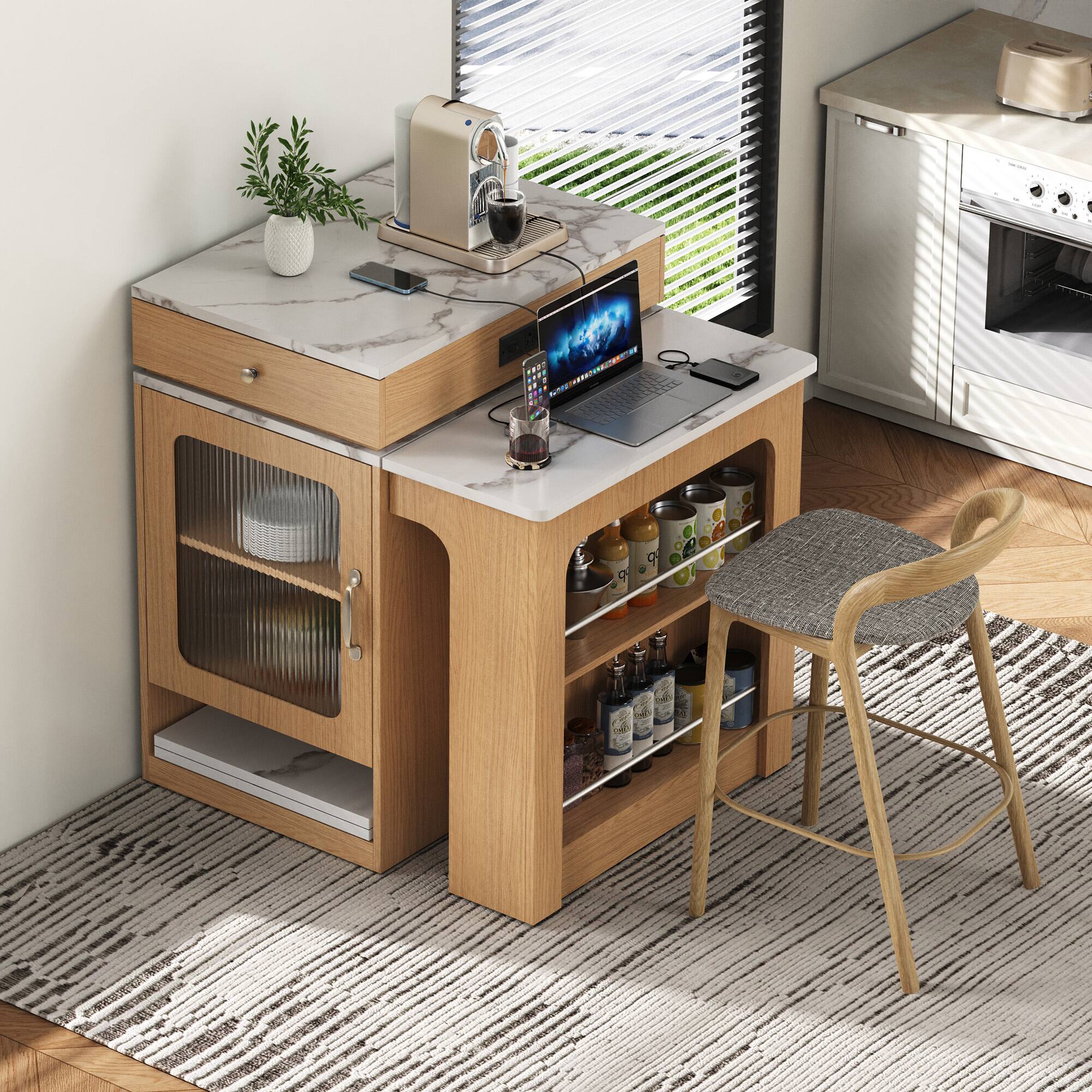 Angle. PexFix - 59.5" Kitchen Island Cart with Extendable Dining Table and Built-in Power Outlet - Natural.