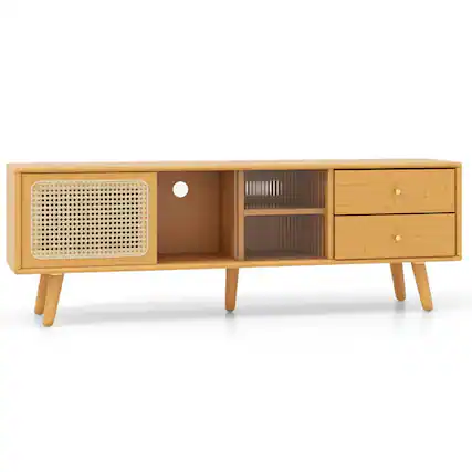 Front. Pefilos - Bamboo TV Stand for TV up to 65 Inch-Natural, Mid Century Modern TV Stand for Living Room Bedroom TV Cabinet - Brown.