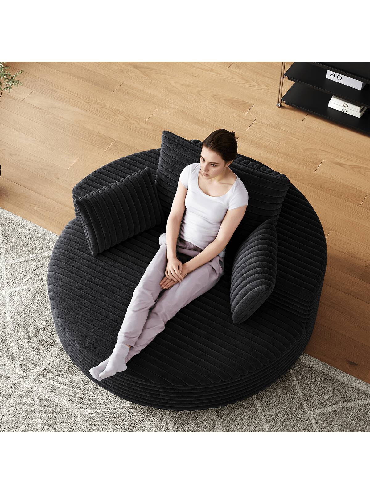 Angle. Trinkets Crazed - 55" L Oversized Swivel Chair, Upholstered Corduroy Comfy Accent Chaise Lounge Sofa Chair - Black.