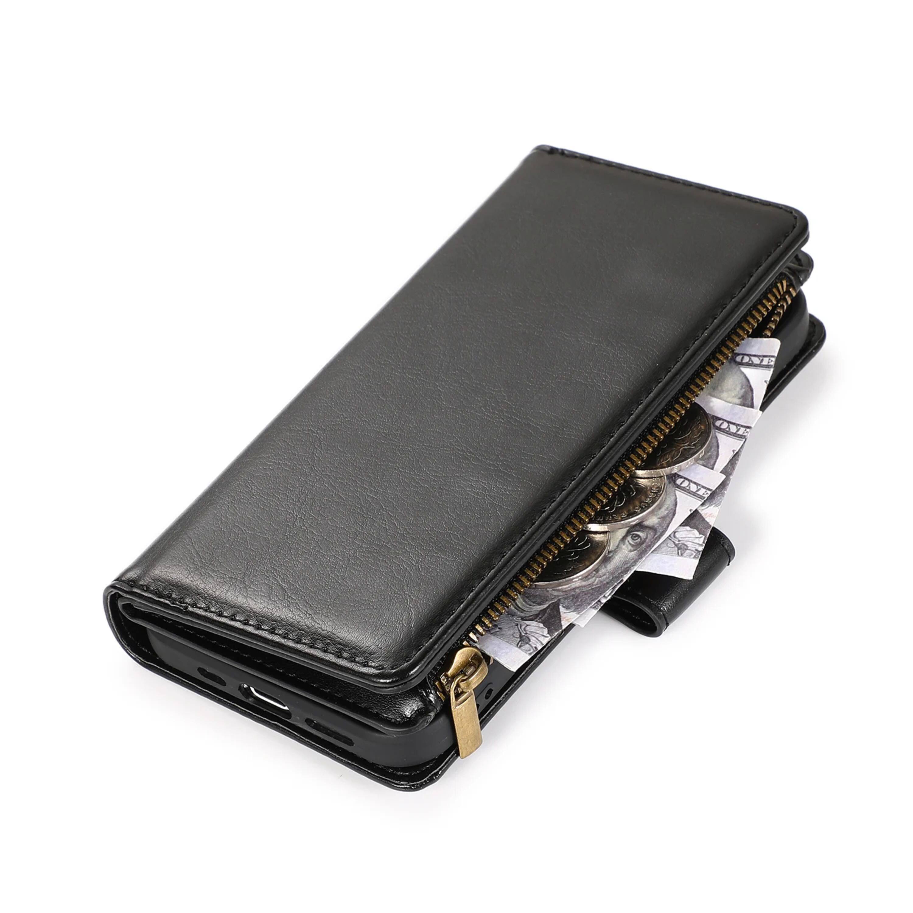 Back. Kitcheniva - PU Leather Phone Wallet Zipper With Tempered Glass For iPhone 12/12 Pro Black - Black.