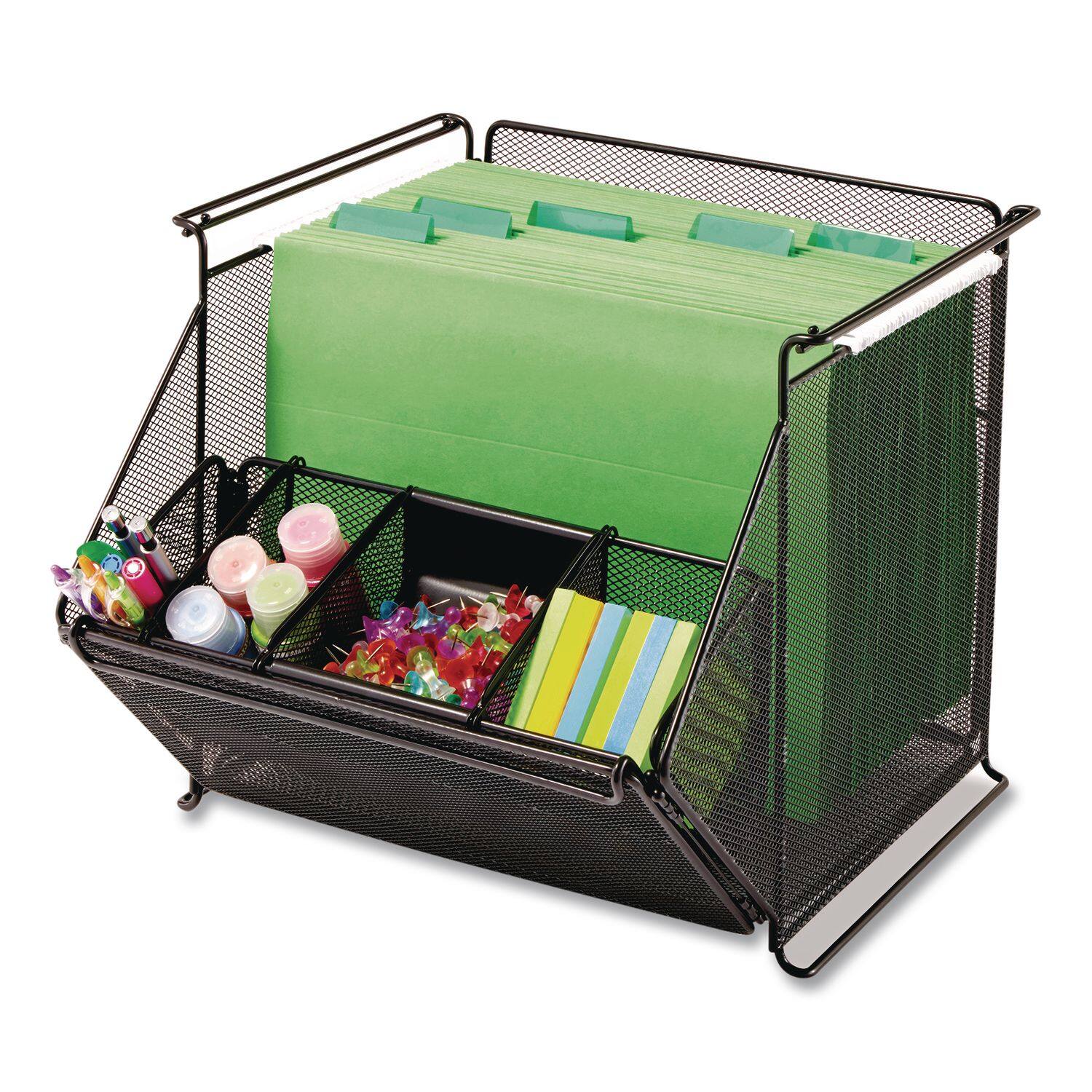 Left. Safco - Safco Onyx Stackable Mesh Storage Bin, 4 Compartments, Steel Mesh, 14 x 15.5 x 11.75, Black.