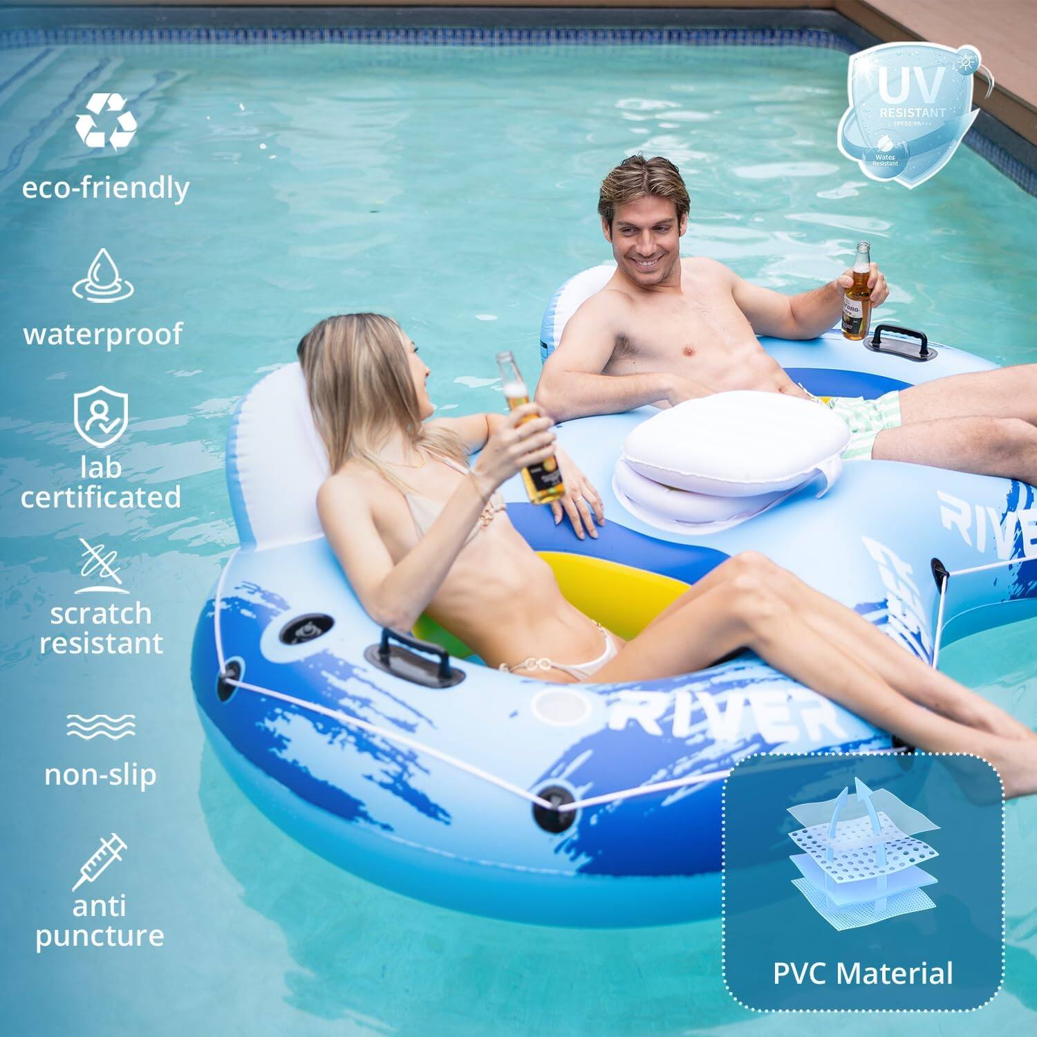 UV resistant, eco-friendly, waterproof, lab-certified, scratch-resistant, non-slip, anti-puncture, PVC material.