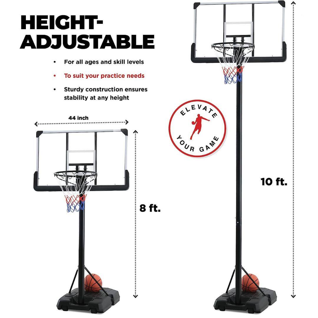 **HEIGHT-ADJUSTABLE**

- For all ages and skill levels
- To suit your practice needs
- Sturdy construction ensures stability at any height

**44 inch**

**8 ft.**

**10 ft.**

**ELEVATE YOUR GAME**