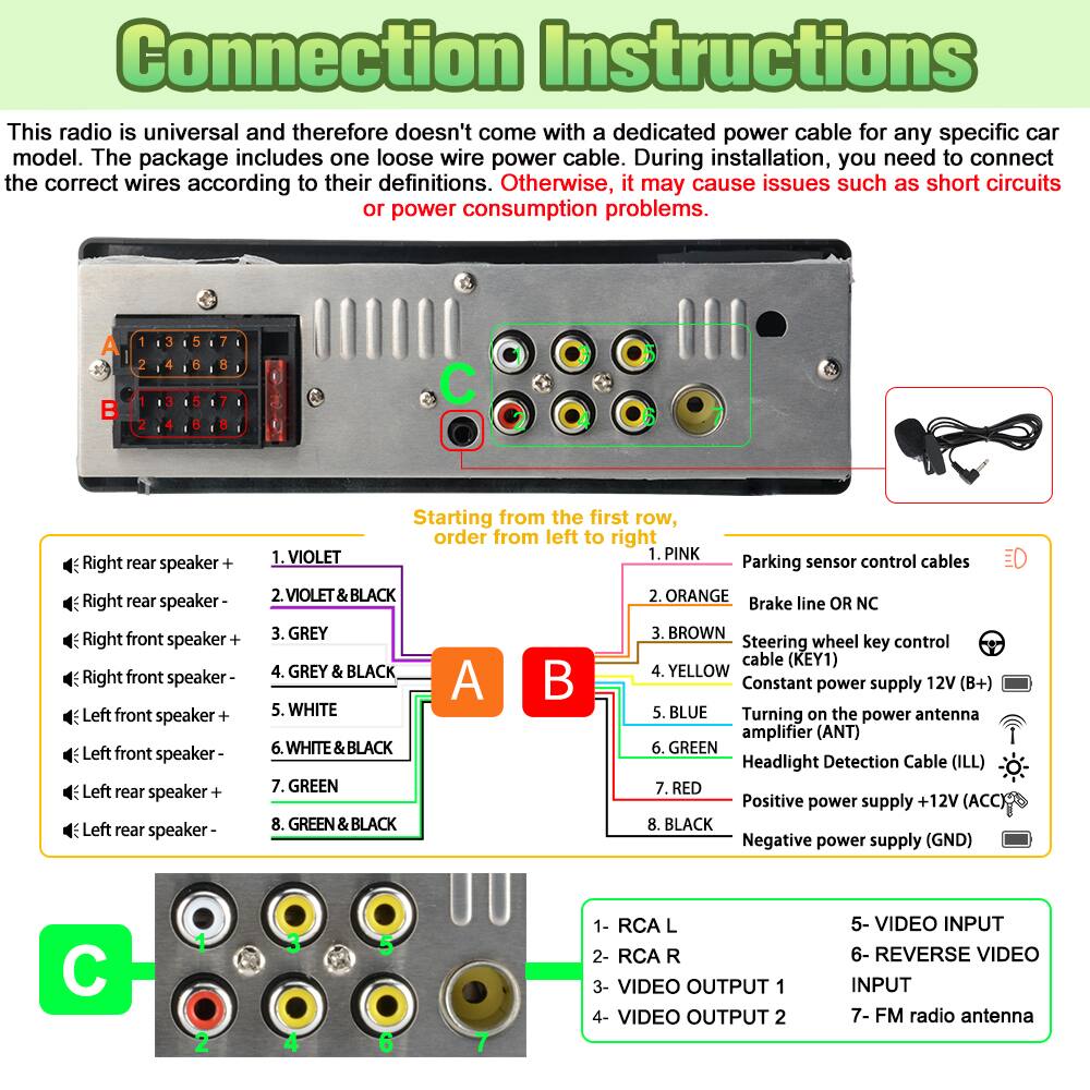 Connection Instructions

This radio is universal and therefore doesn't come with a dedicated power cable for any specific car model. The package includes one loose wire power cable. During installation, you need to connect the correct wires according to their definitions. Otherwise, it may cause issues such as short circuits or power consumption problems.

Starting from the first row, order from left to right:

**A**
1. VIOLET  
   - Right rear speaker +
2. VIOLET & BLACK  
   - Right rear speaker -
3. GREY  
   - Right front speaker +
4. GREY & BLACK  
   - Right front speaker -
5. WHITE  
   - Left front speaker +
6. WHITE & BLACK  
   - Left front speaker -
7. GREEN  
   - Left rear speaker +
8. GREEN & BLACK  
   - Left rear speaker -

**B**
1. PINK  
   - Parking sensor control cables
2. ORANGE  
   - Brake line OR NC
3. BROWN  
   - Steering wheel key control cable (KEY1)
4. YELLOW  
   - Constant power supply 12V (B+)
5. BLUE  
   - Turning on the antenna power amplifier (ANT)
6. GREEN  
   - Headlight Detection Cable