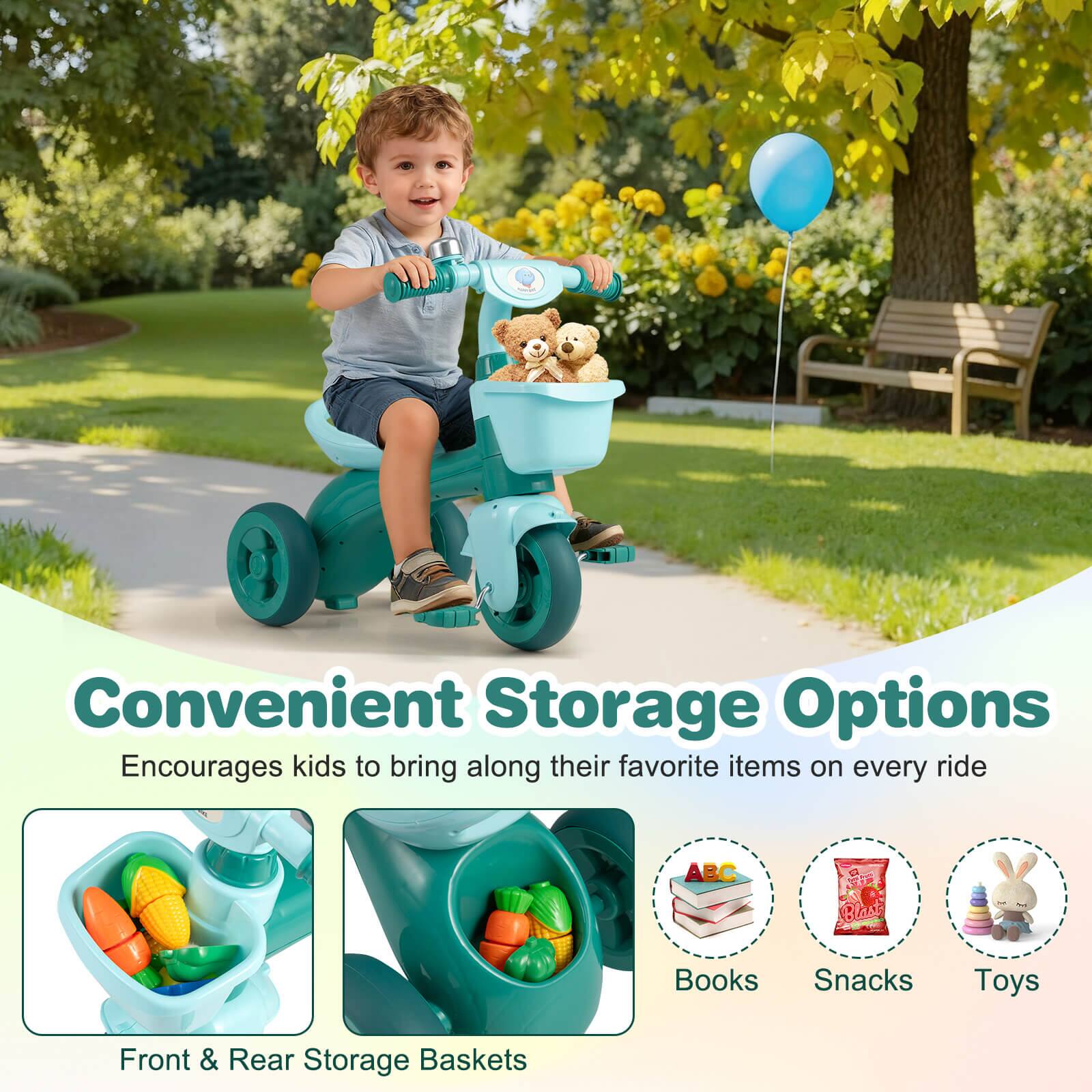 Convenient Storage Options  
Encourages kids to bring along their favorite items on every ride  

Front & Rear Storage Baskets  
Books  
Snacks  
Toys