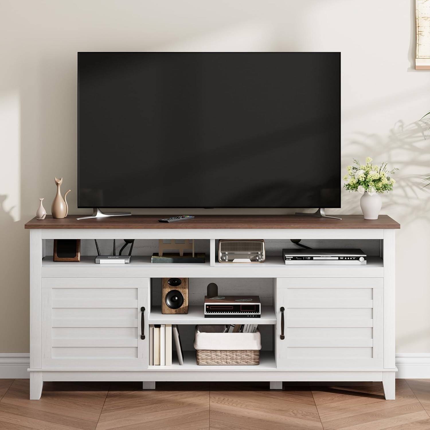 Front. Homhougo - TV Stand for 63-Inch TV, White Farmhouse Entertainment Center with Adjustable Shelves & Doors - White.