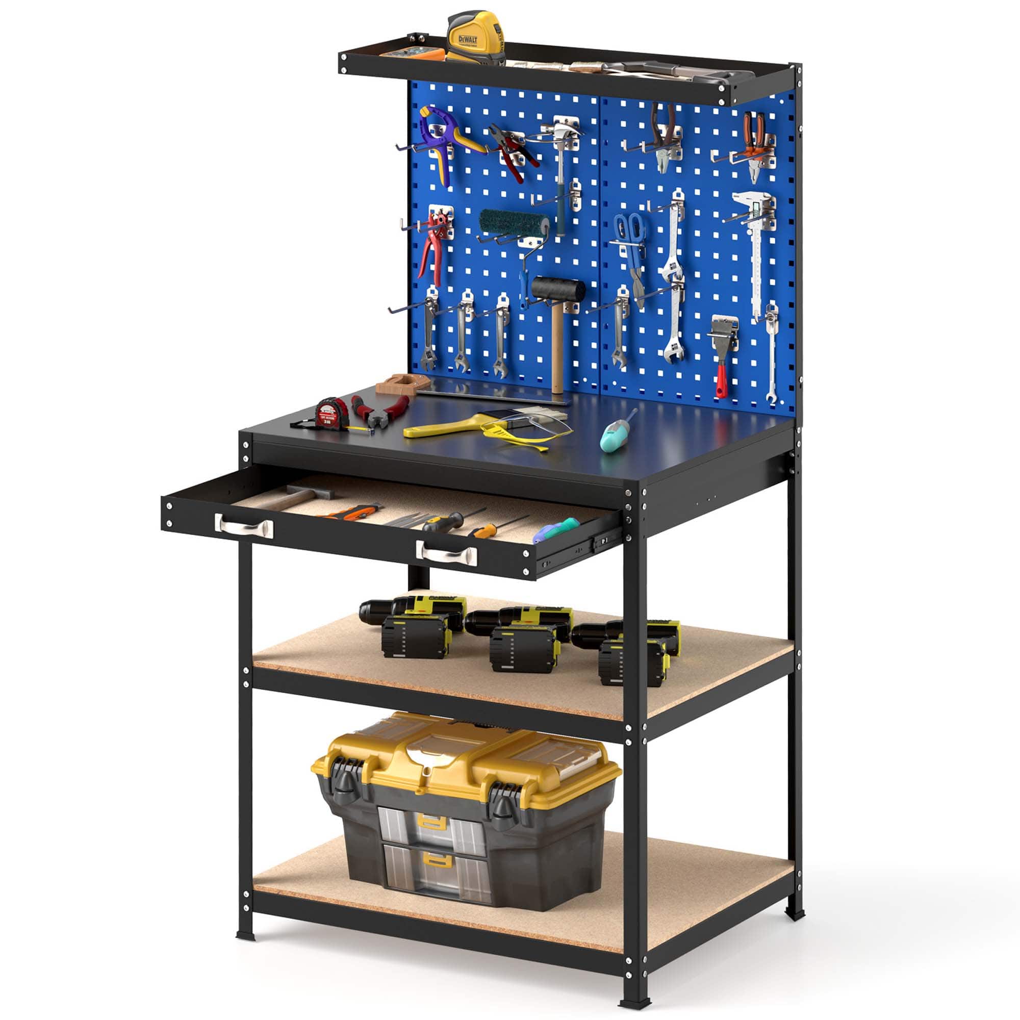 Gymax - 32'' x 16'' Workbench w/ Pegboard 20PCS Tool Hooks Drawer & Open Shelves - Navy