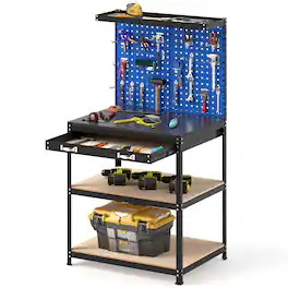 Gymax - 32'' x 16'' Workbench w/ Pegboard 20PCS Tool Hooks Drawer & Open Shelves - Navy
