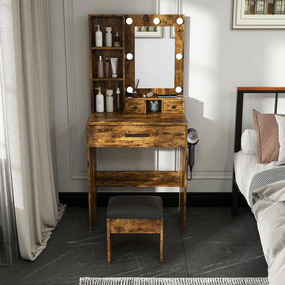 Alt View 10. Kadyn - Adjustable LED Mirror Vanity Desk with Power Outlet and Stool - Vintage - Brown.