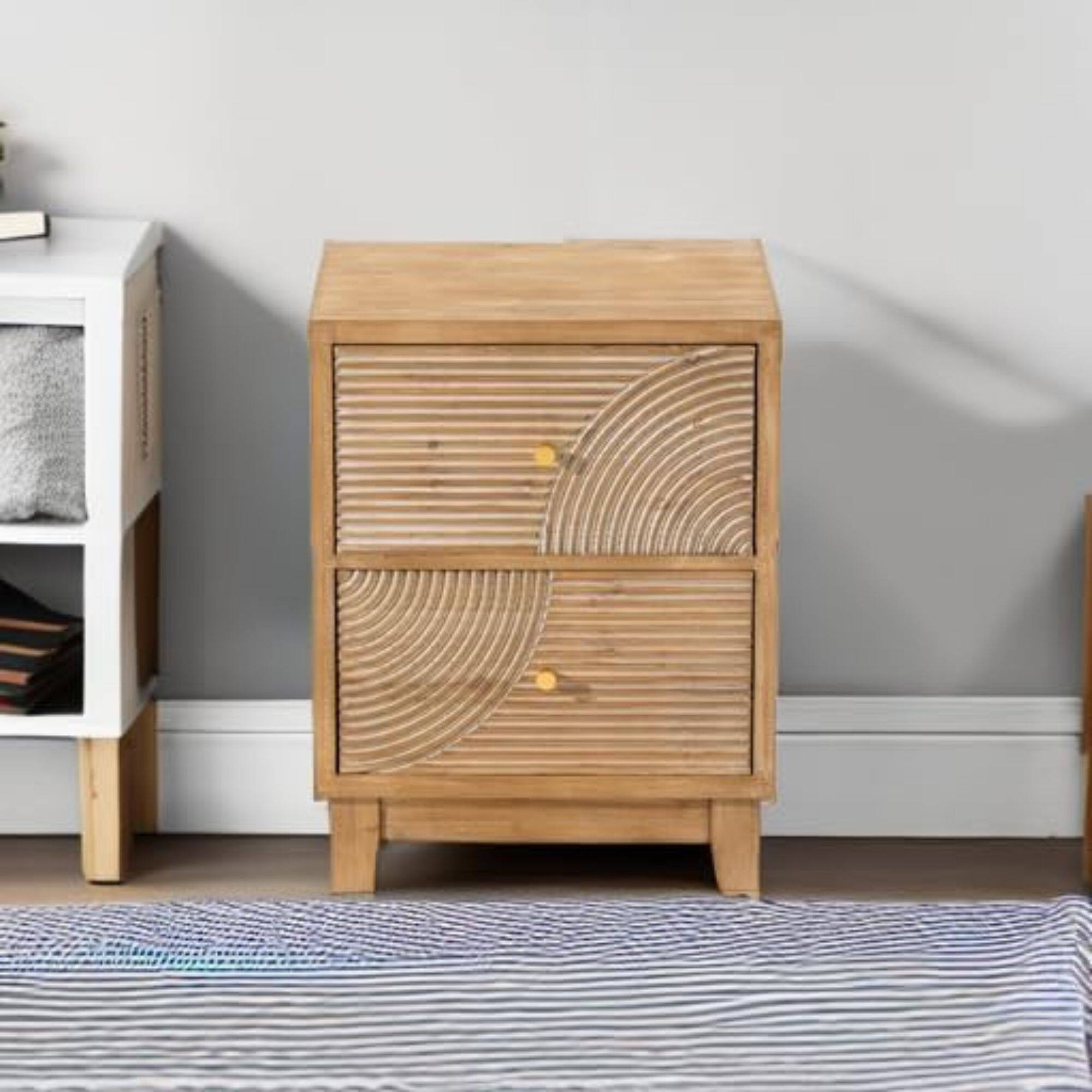 Alt View 4. COZAYH - COZAYH Farmhouse 2 Drawer Nightstand with Handcrafted Wood Ring Pattern, Natural - Natural Wood.