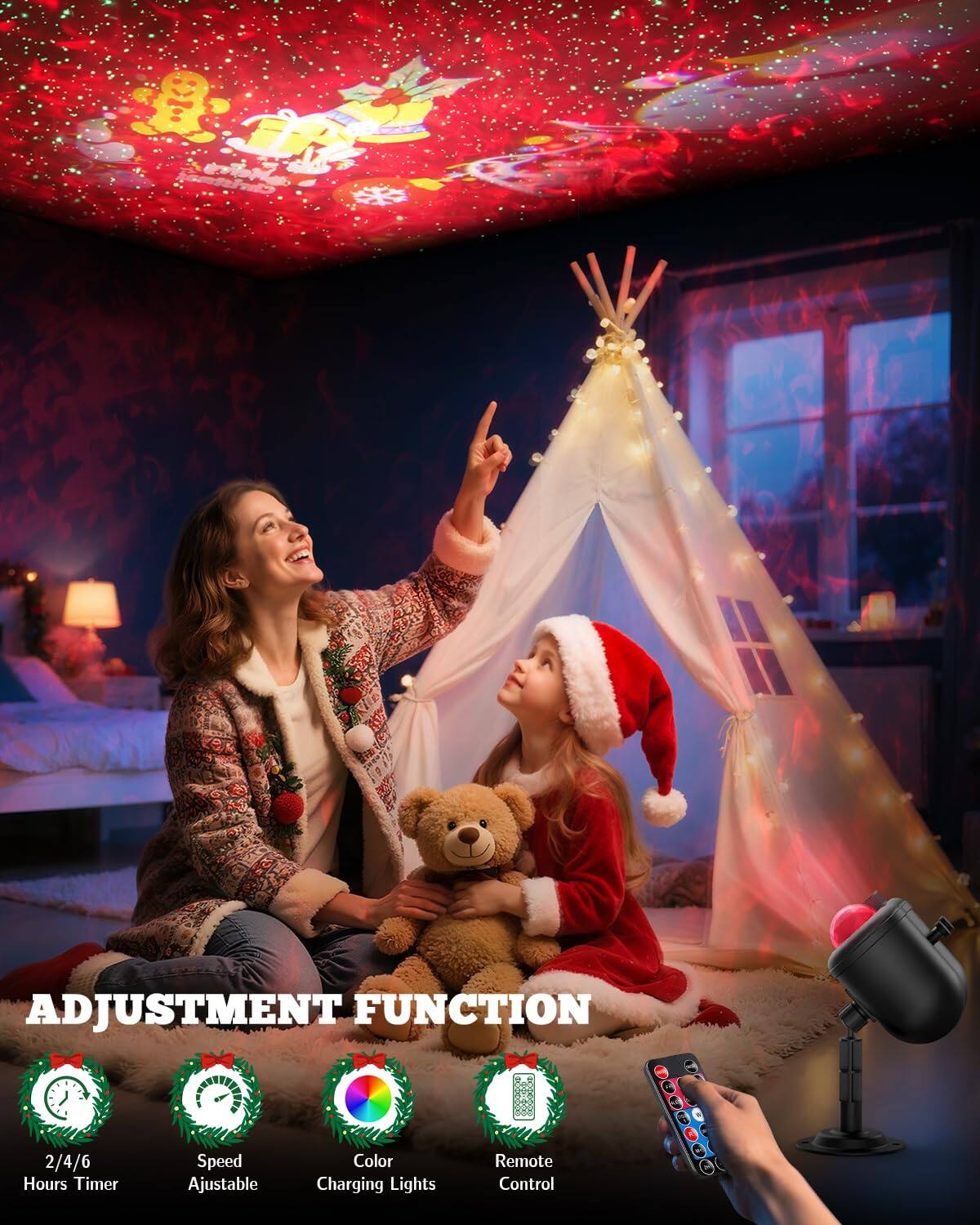 ADJUSTMENT FUNCTION  
2/4/6 Hours Timer  
Speed Adjustable  
Color Charging Lights  
Remote Control