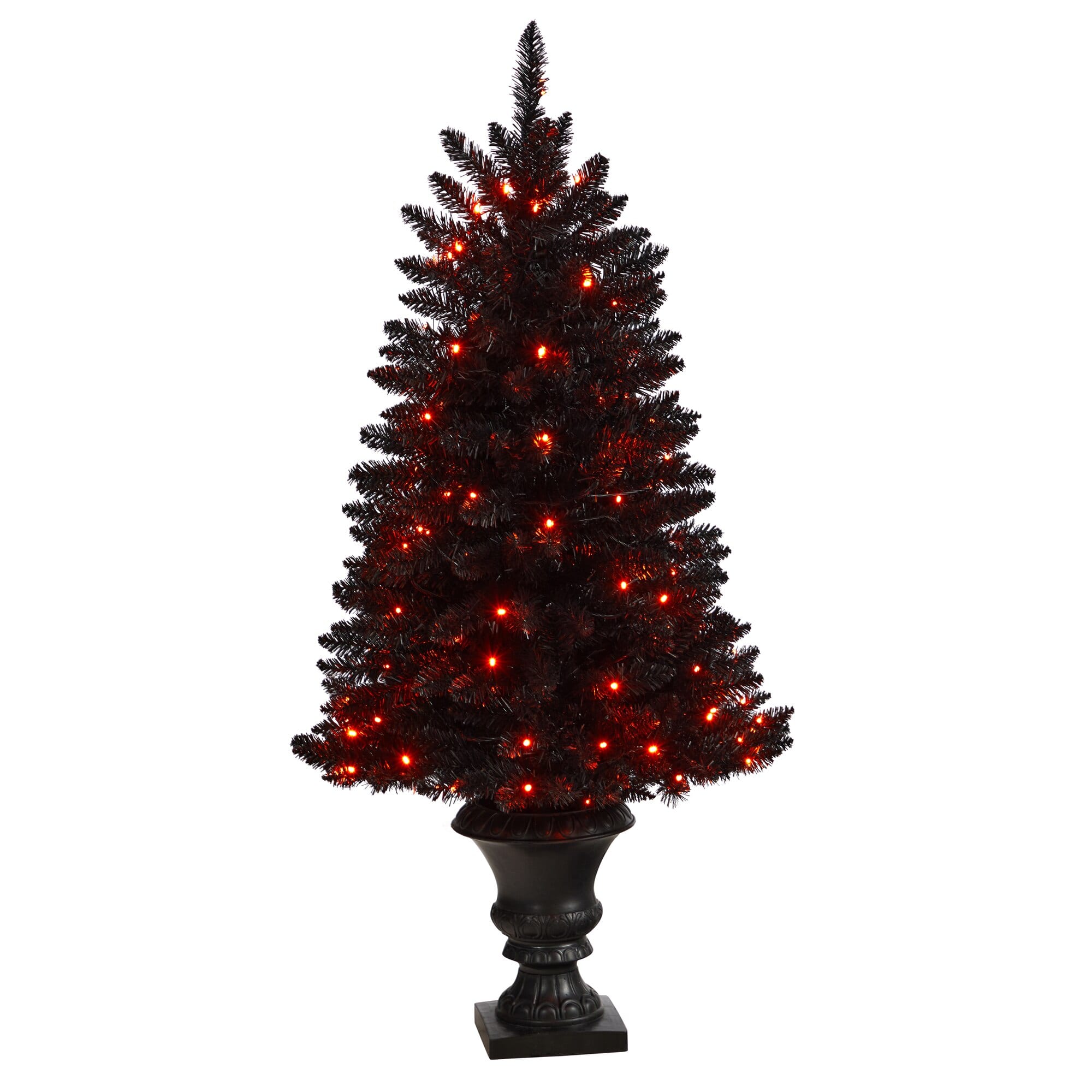 BreeBe - 4’ Halloween Xmas Tree in Urn w/100 Orange LED Lights - Black