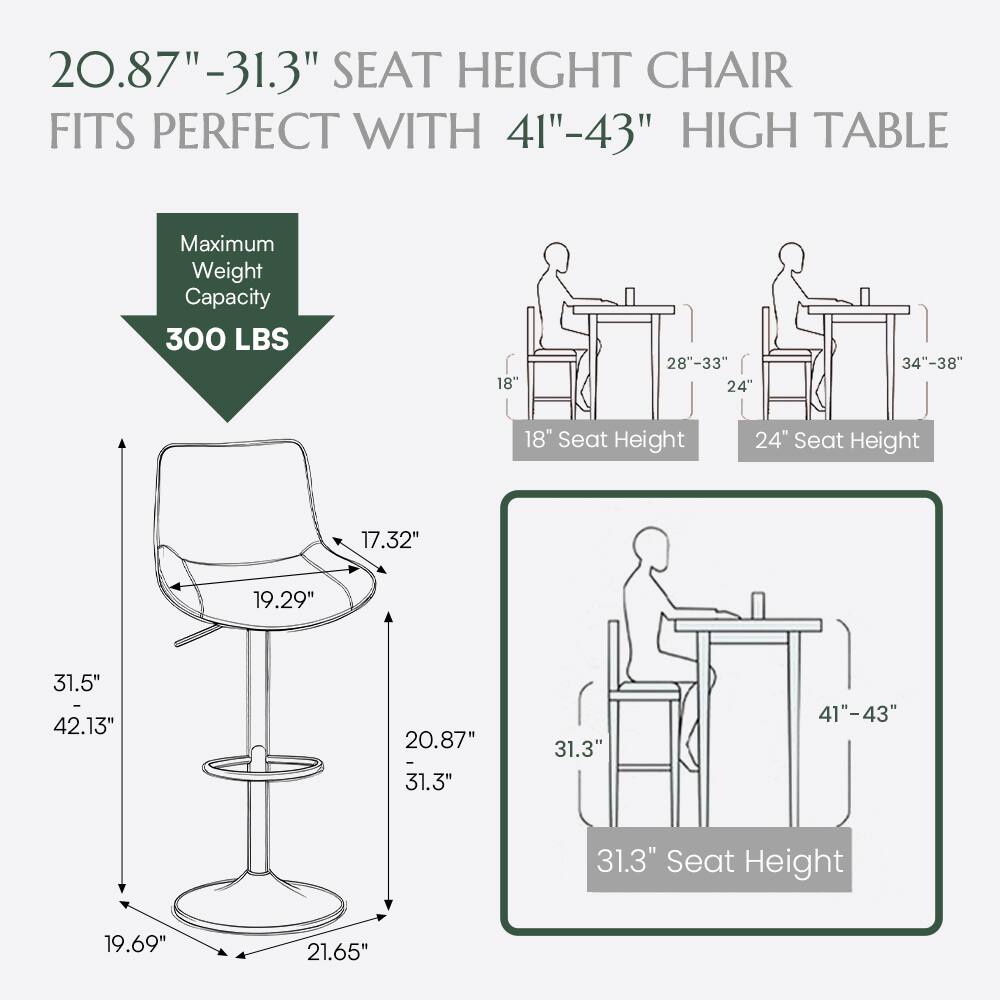 20.87" - 31.3" SEAT HEIGHT CHAIR FITS PERFECT WITH 41" - 43" HIGH TABLE

Maximum Weight Capacity: 300 LBS

18" Seat Height
24" Seat Height
31.3" Seat Height

17.32"
19.29"
20.87"
21.65"
19.69"
31.5" - 42.13"