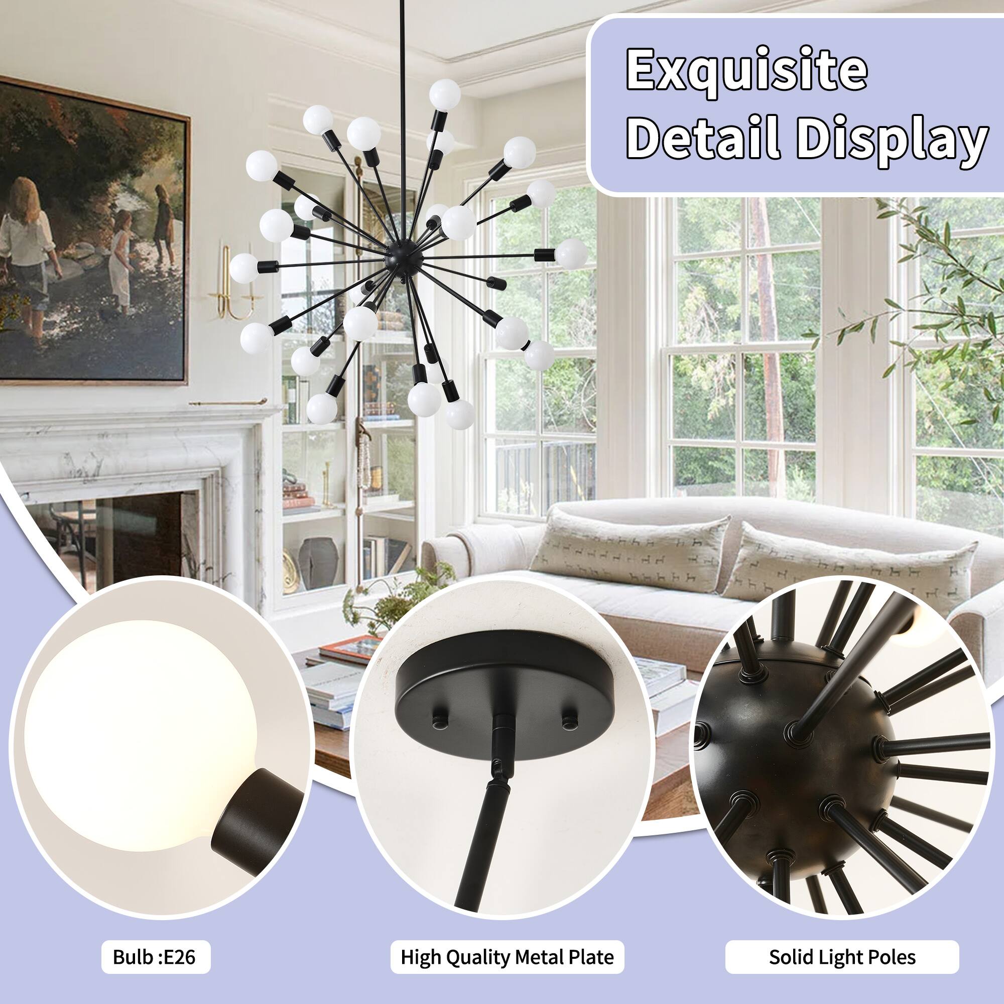 Exquisite Detail Display

Bulb: E26

High Quality Metal Plate

Solid Light Poles