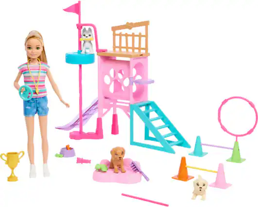 Front. Mattel - Barbie and Stacie to the Rescue Puppy Playground Playset with Doll - Collectibles - Multicolor.