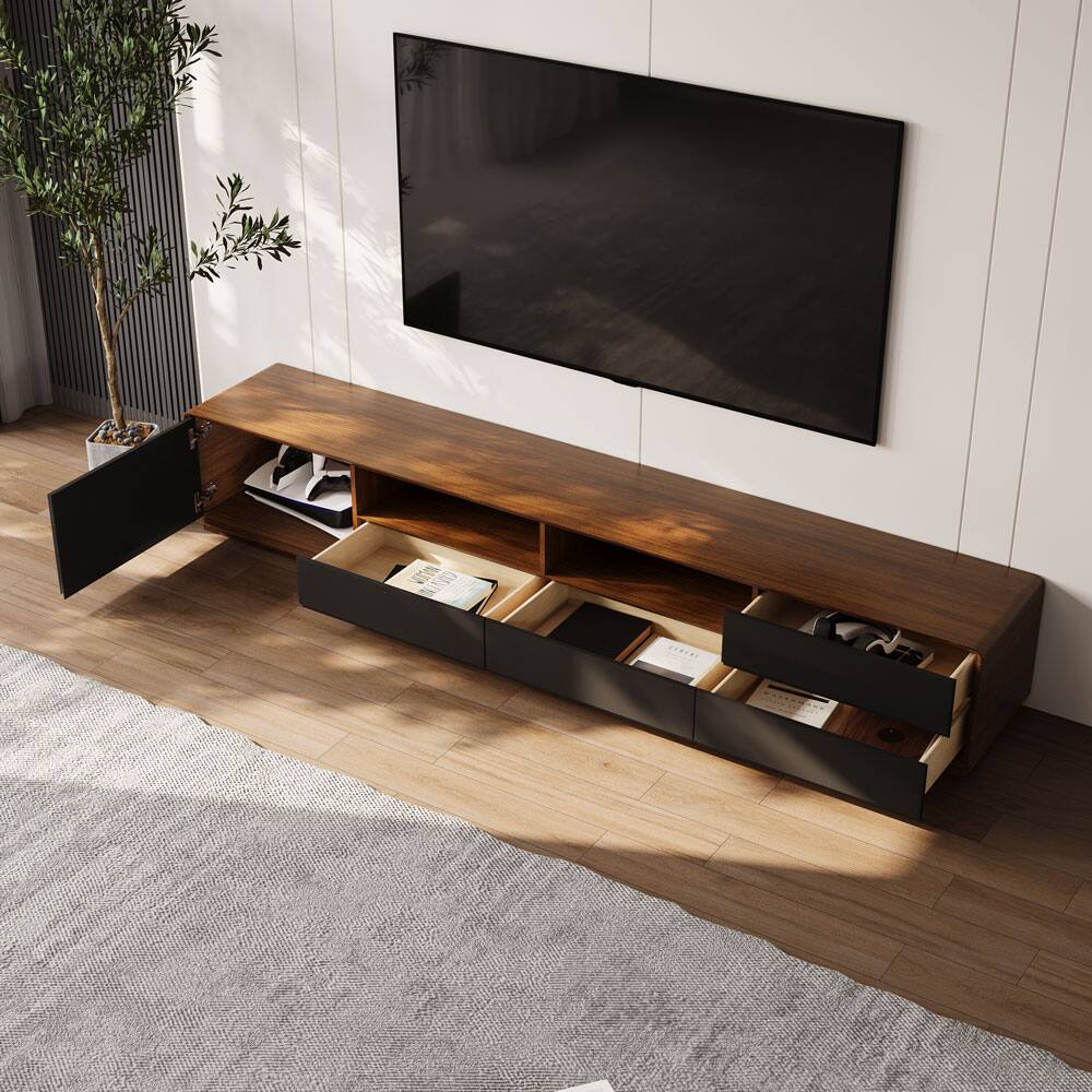 Left. POVISON - 94" Fully-assembled Modern Wood Black TV Stand, Lowline Media Console with 4 Drawers, Open Storage Cabinet - Dark Wood & Black.