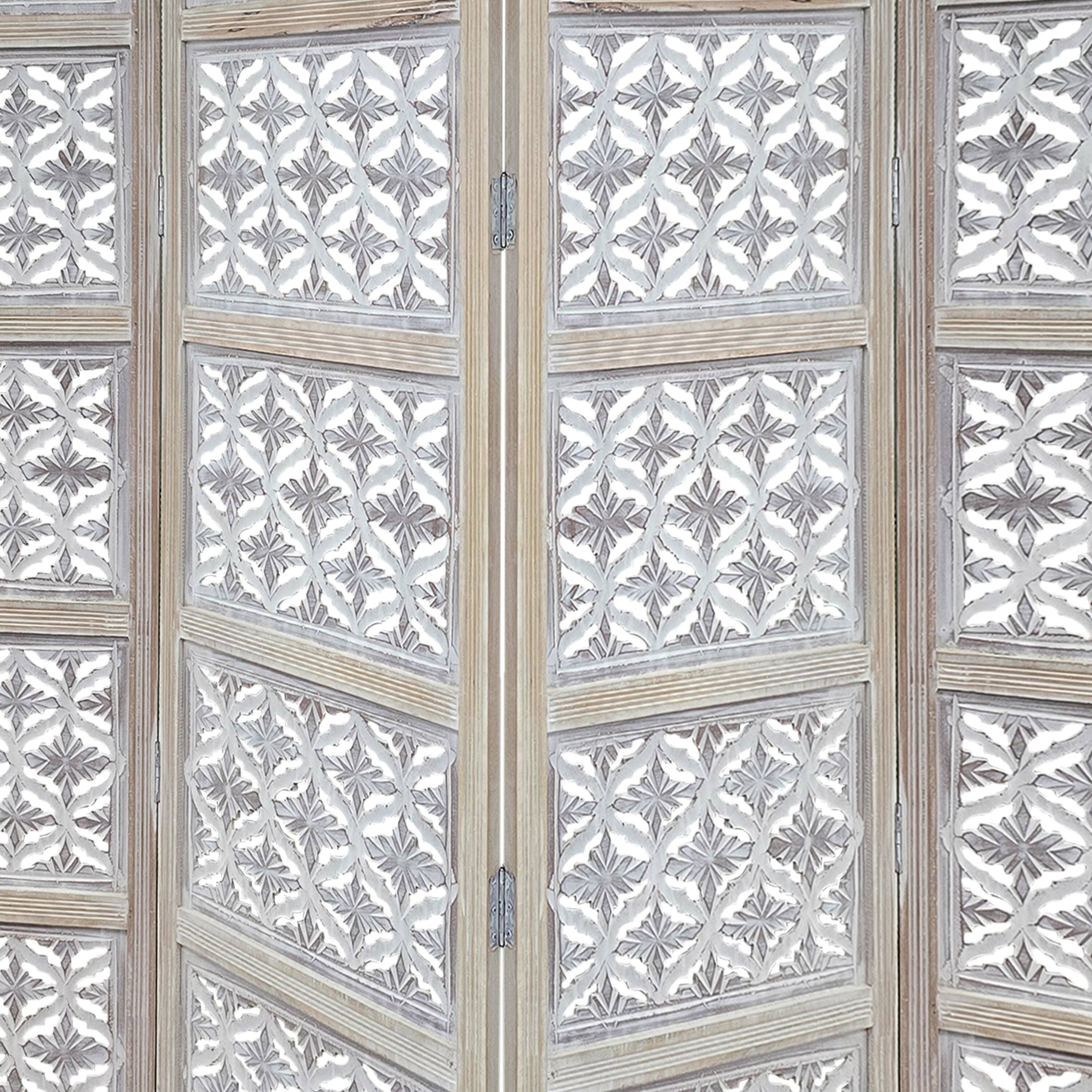 Alt View 5. Manhattan Lane - Taj 4 Panel Folding Room Divider Screen, Antique White Mango Wood, Floral Carved Design - White.