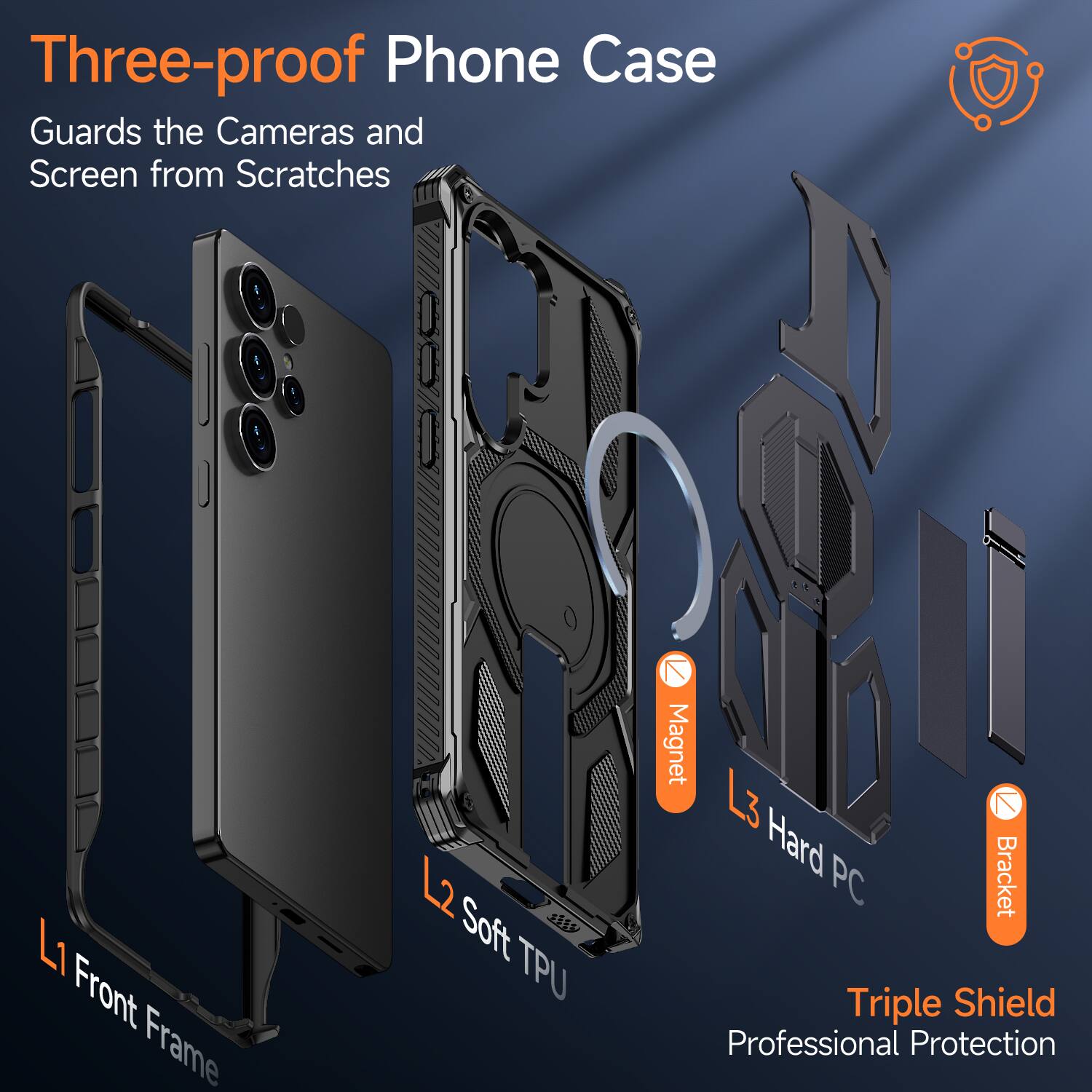 Three-proof Phone Case Guards the Cameras and Screen from Scratches

L1 Front Frame
L2 Soft TPU
7 Magnet
L3 Hard Bracket PC

Triple Shield
Professional Protection